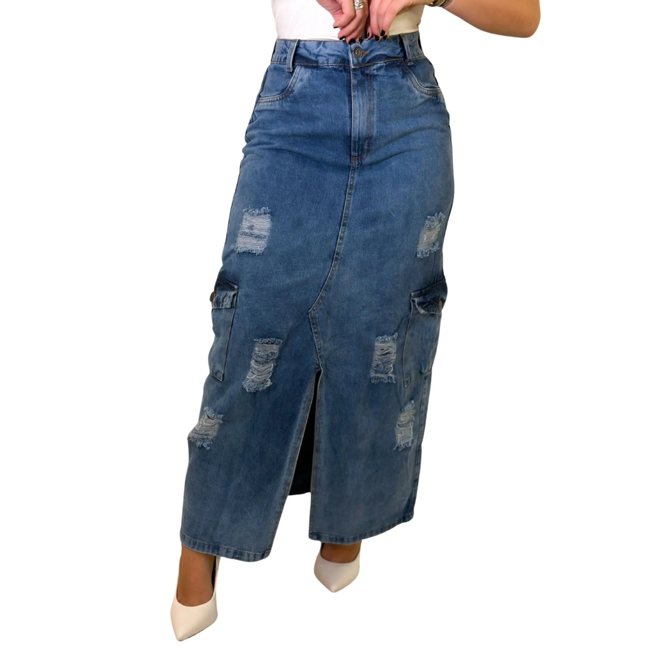 Saia Jeans Feminina Midi Cintura Alta Longa Fenda Frontal