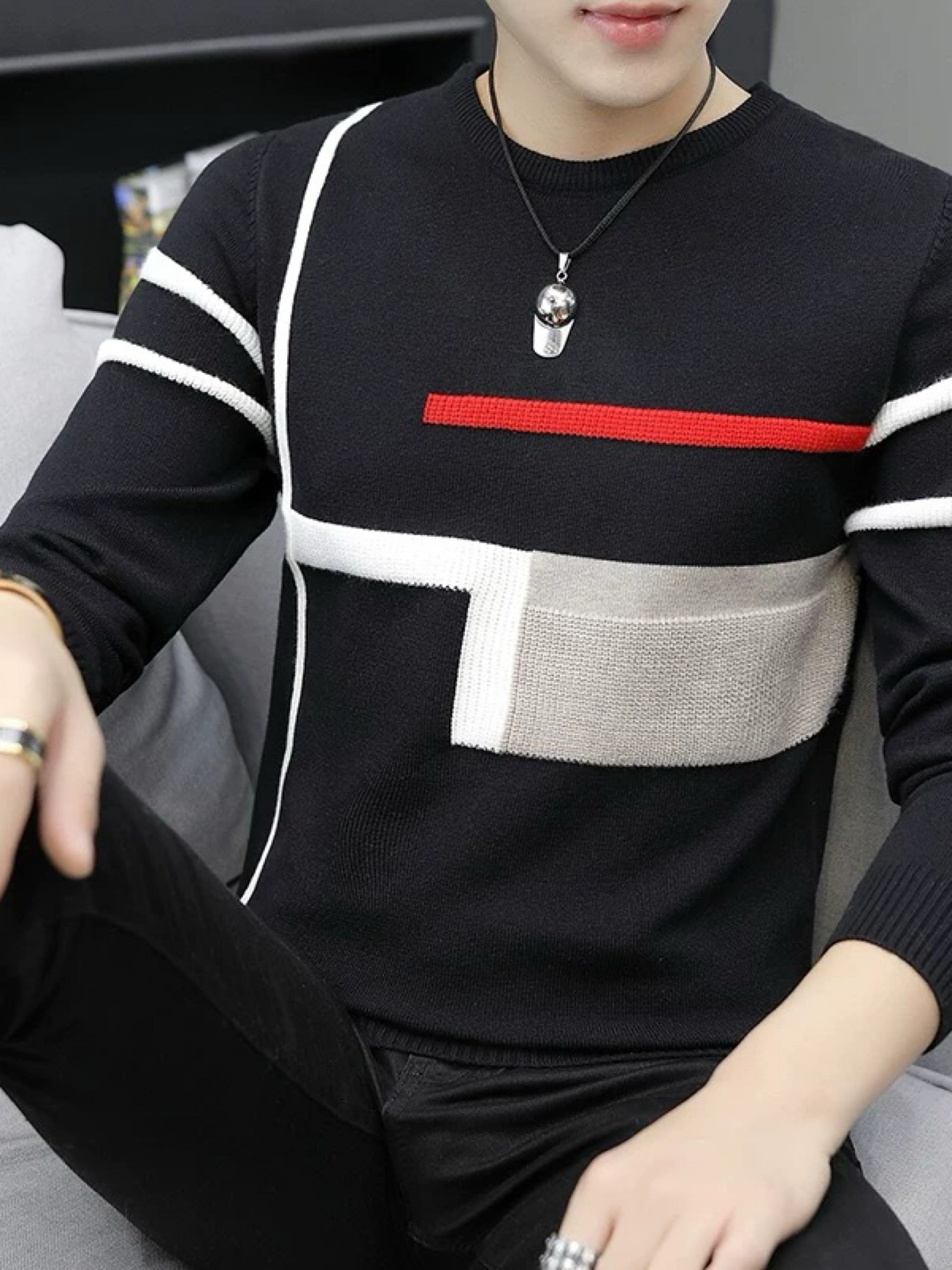 Sueter tricot masculino gola redonda manga longa blusa de Lã