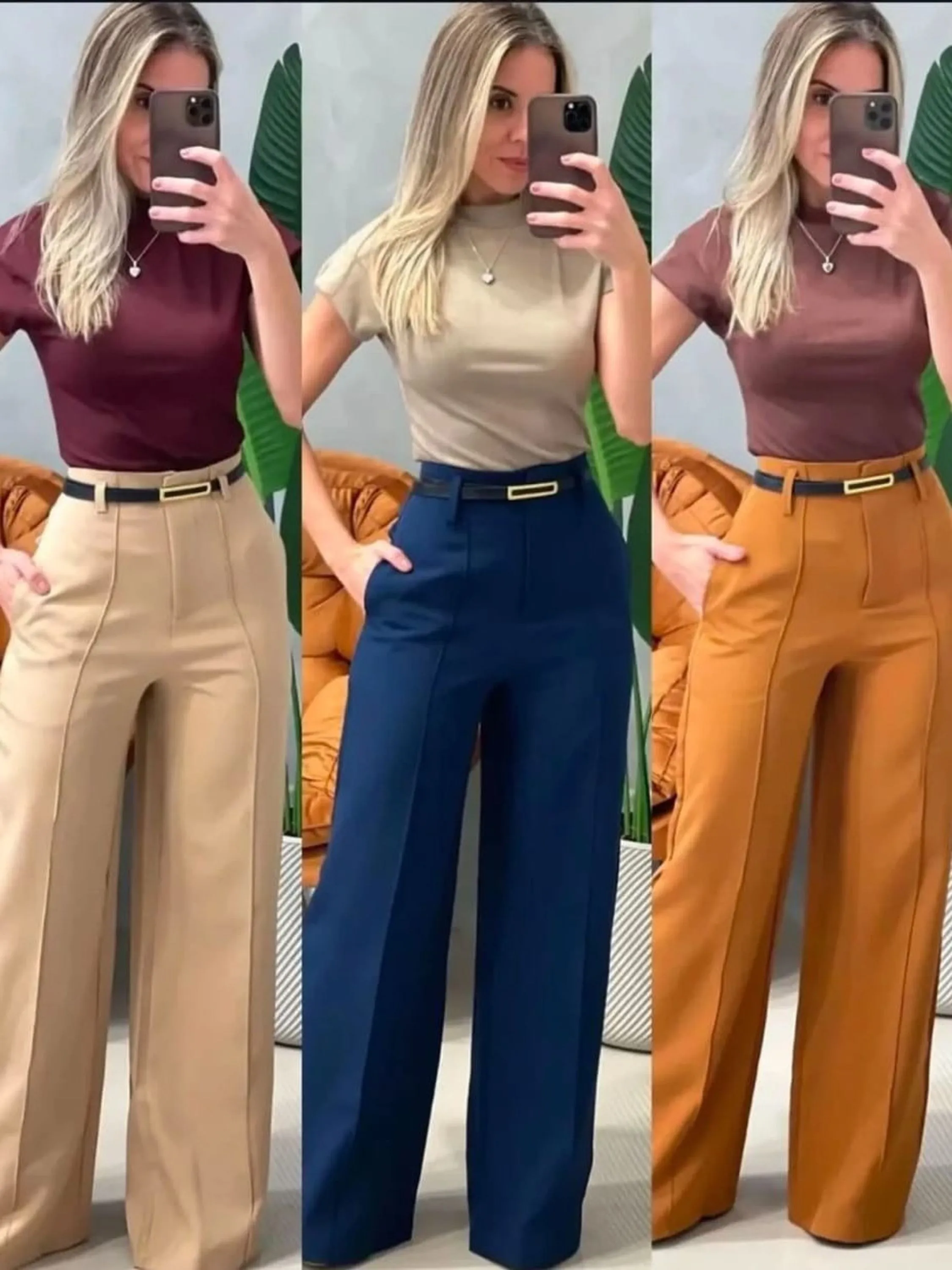 Calça alfaiataria pantalona zíper frontal