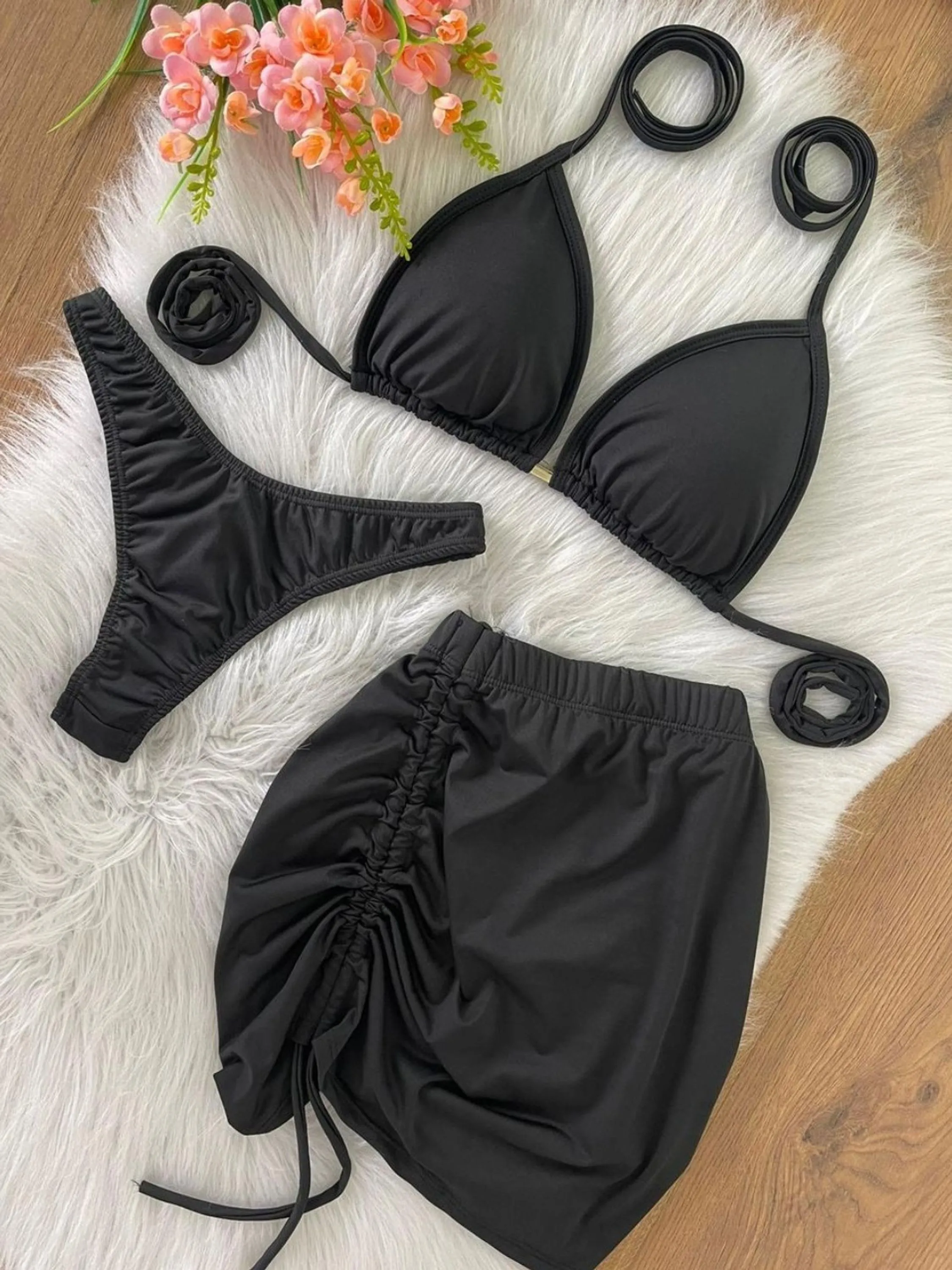 Conjunto de saia com Biquíni Cor Lisa Preto