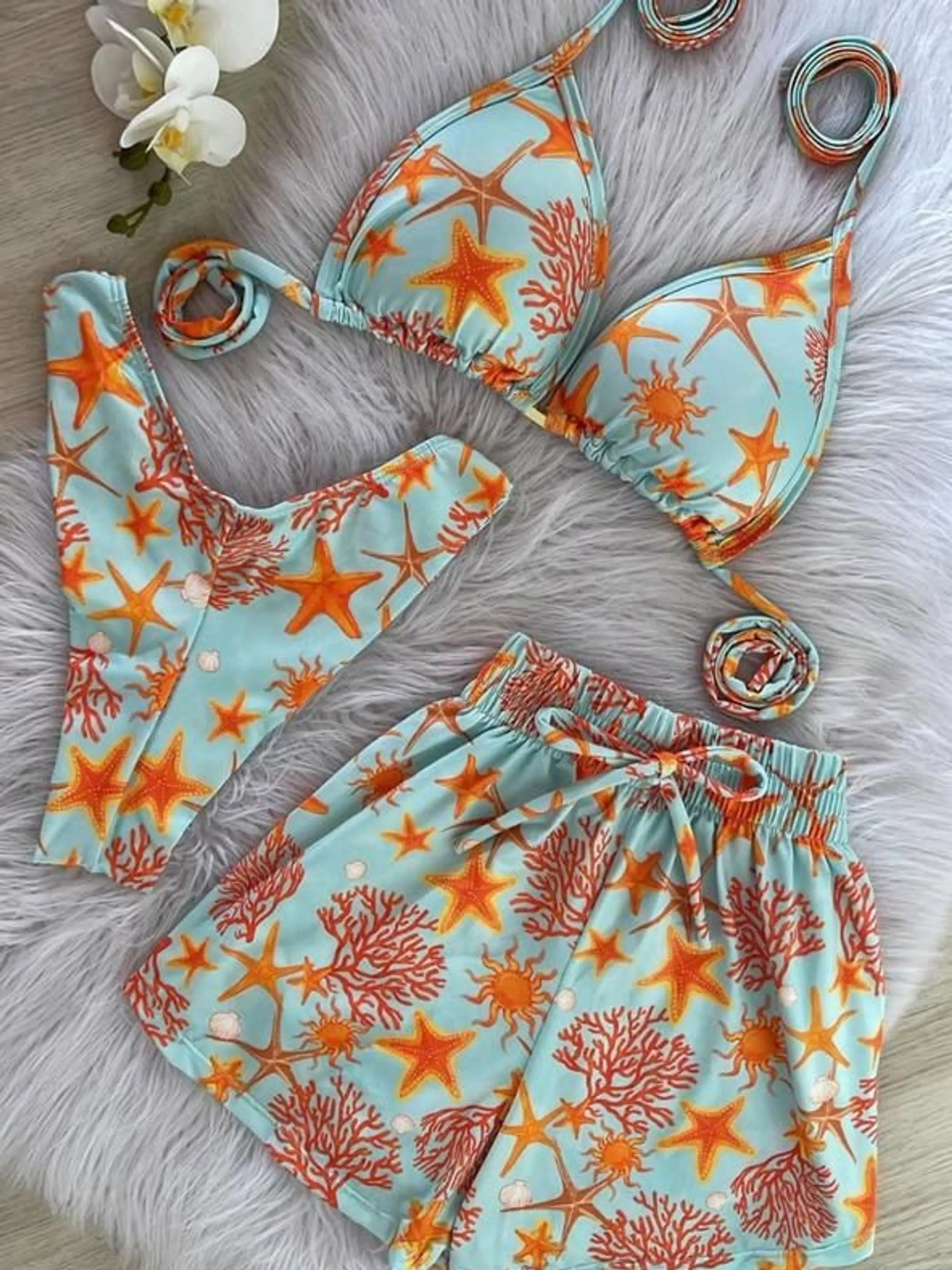 Conjunto lindo biquíni com shorts mesma estampa