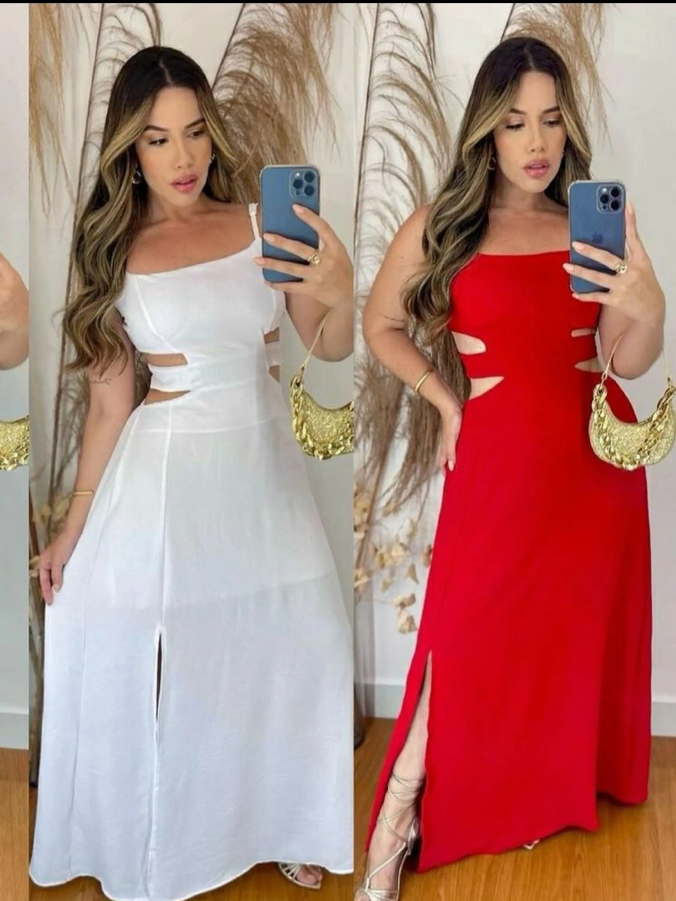 Vestido longo com fenda e detalhe na barriga