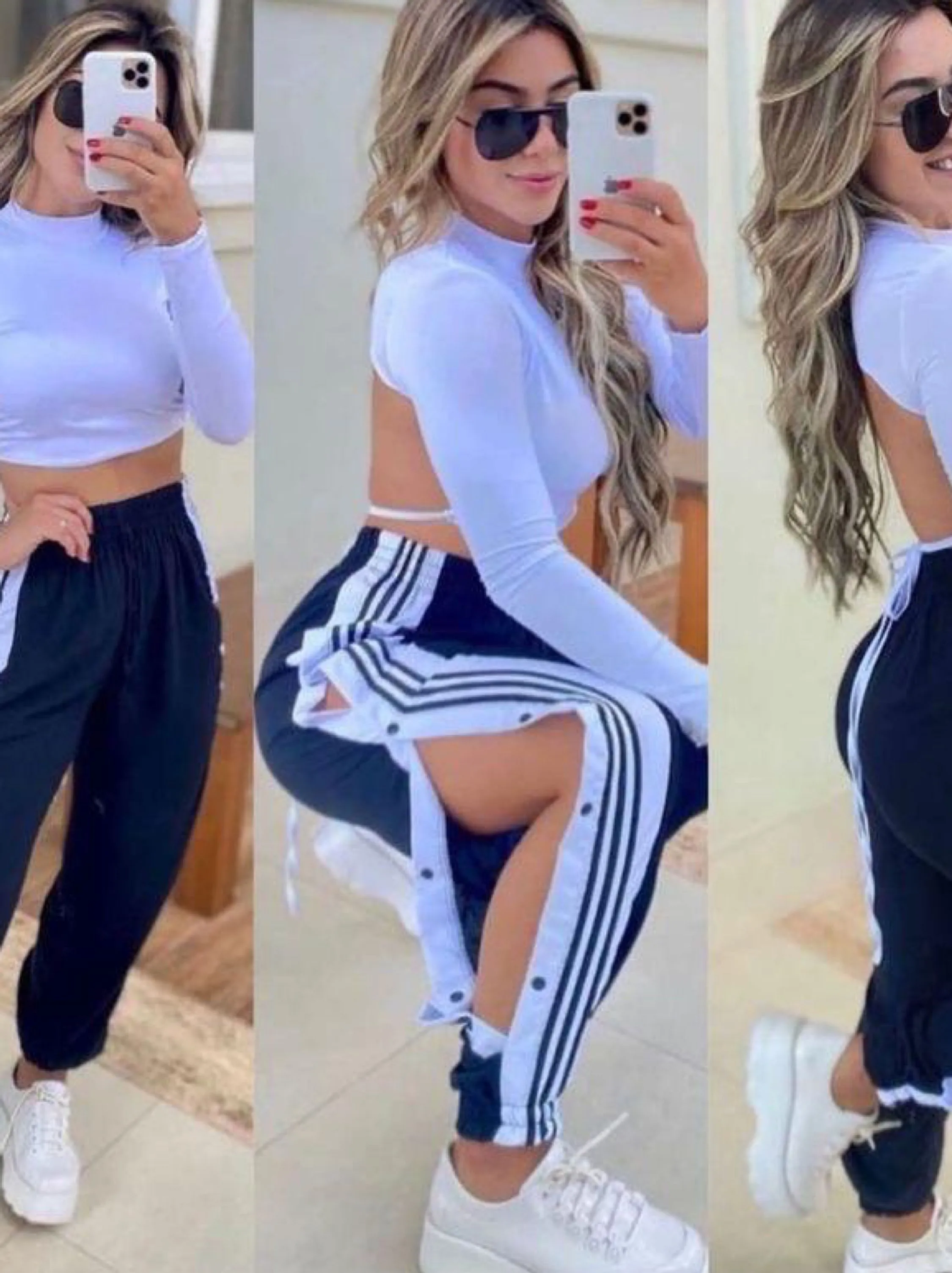 Calça feminina com botões na lateral
