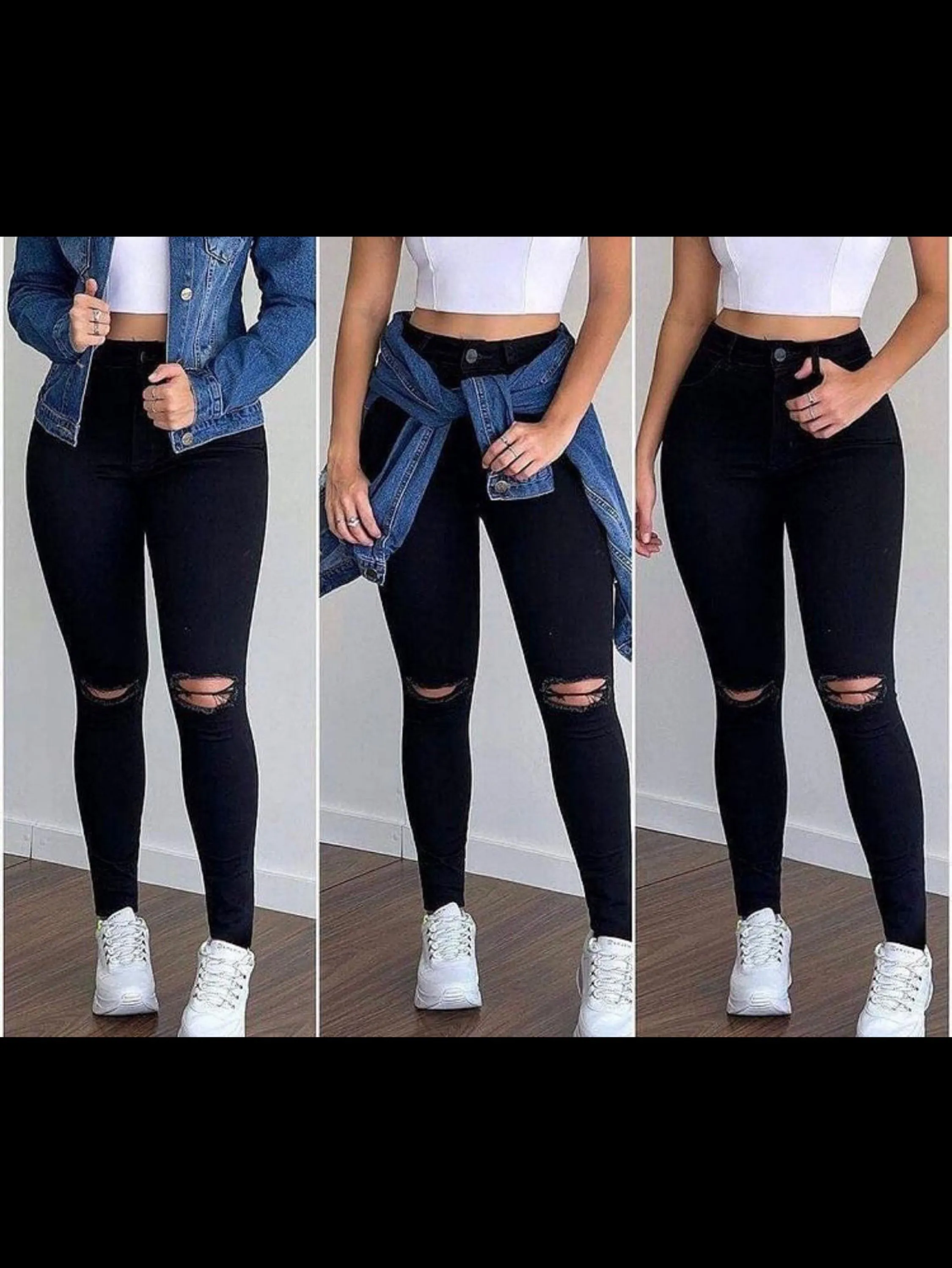 Calca jeans feminina preta rasgada no joelho