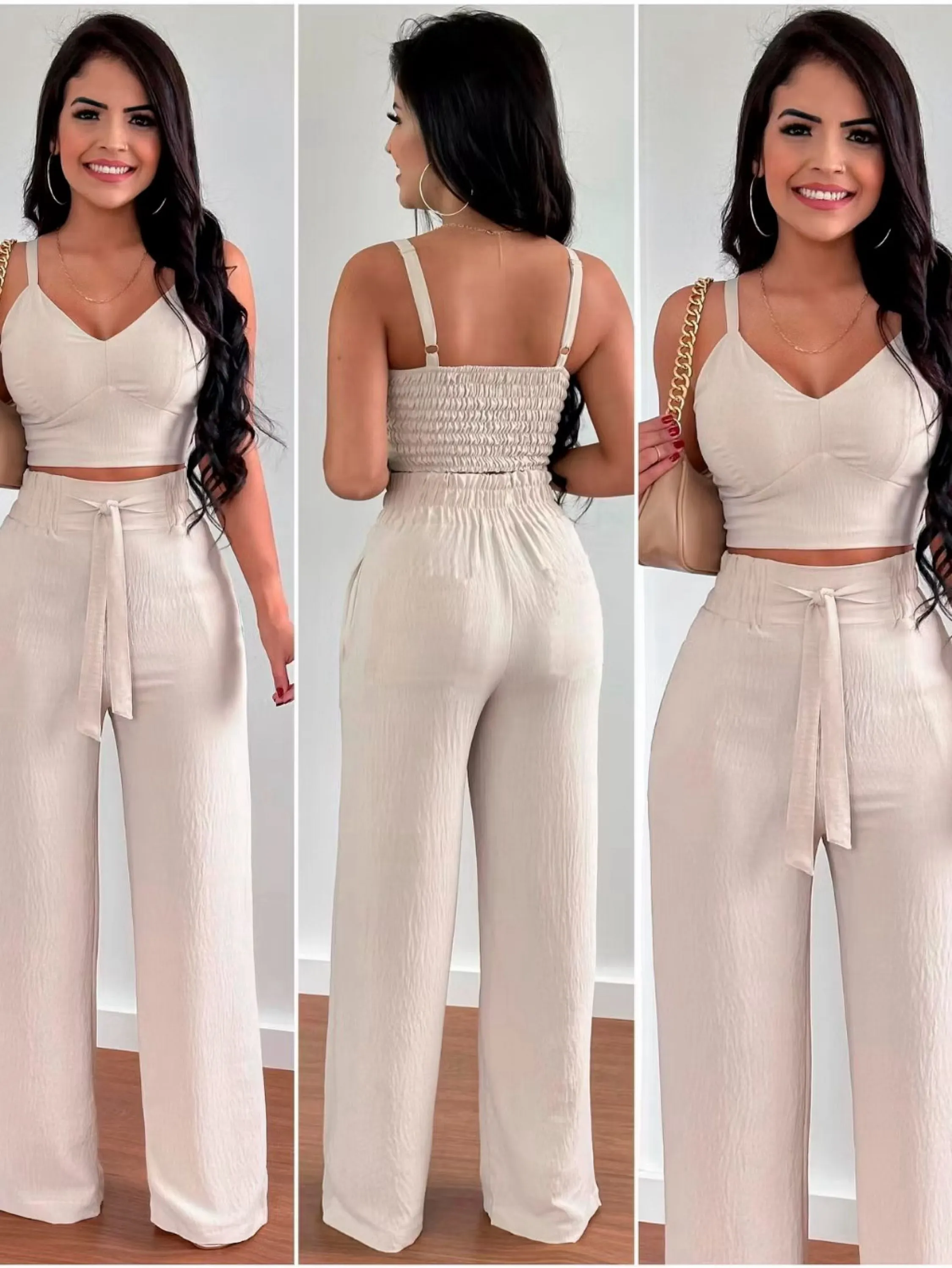 Conjunto areia calça pantalona e cropped com alça regulável