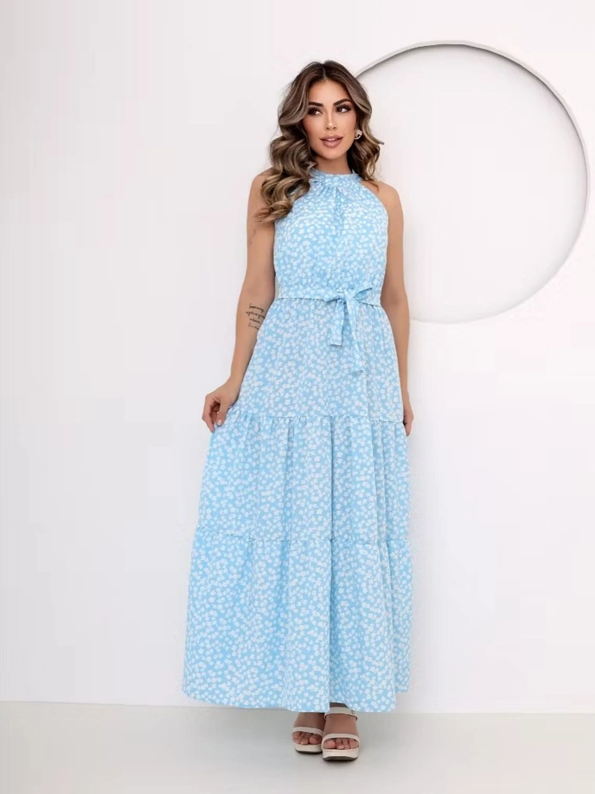 Vestido Longo Estampado Gola Alta Com o Cinto