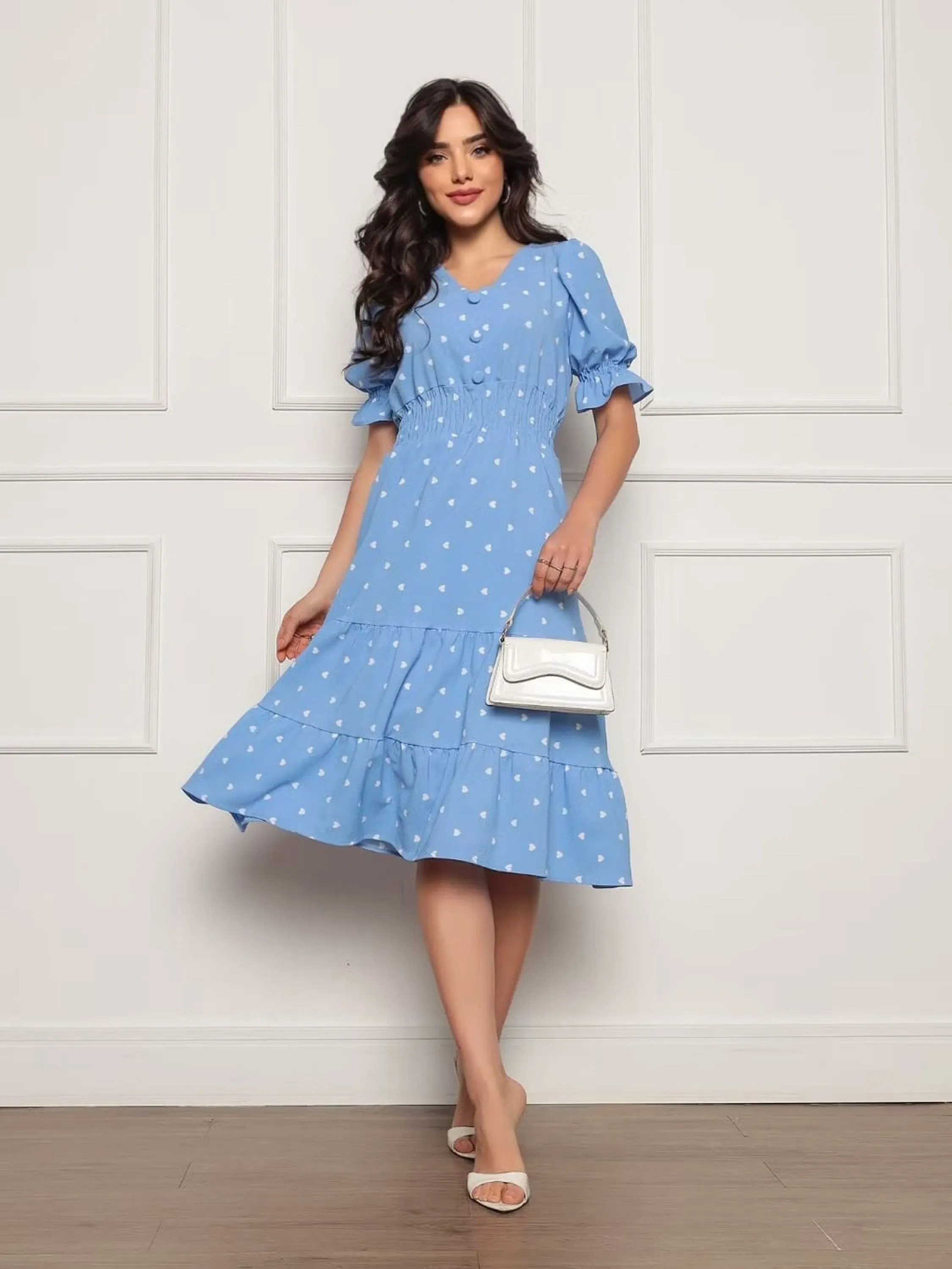 Vestido Estampado de Coração Midi Gola V Manga Princesa