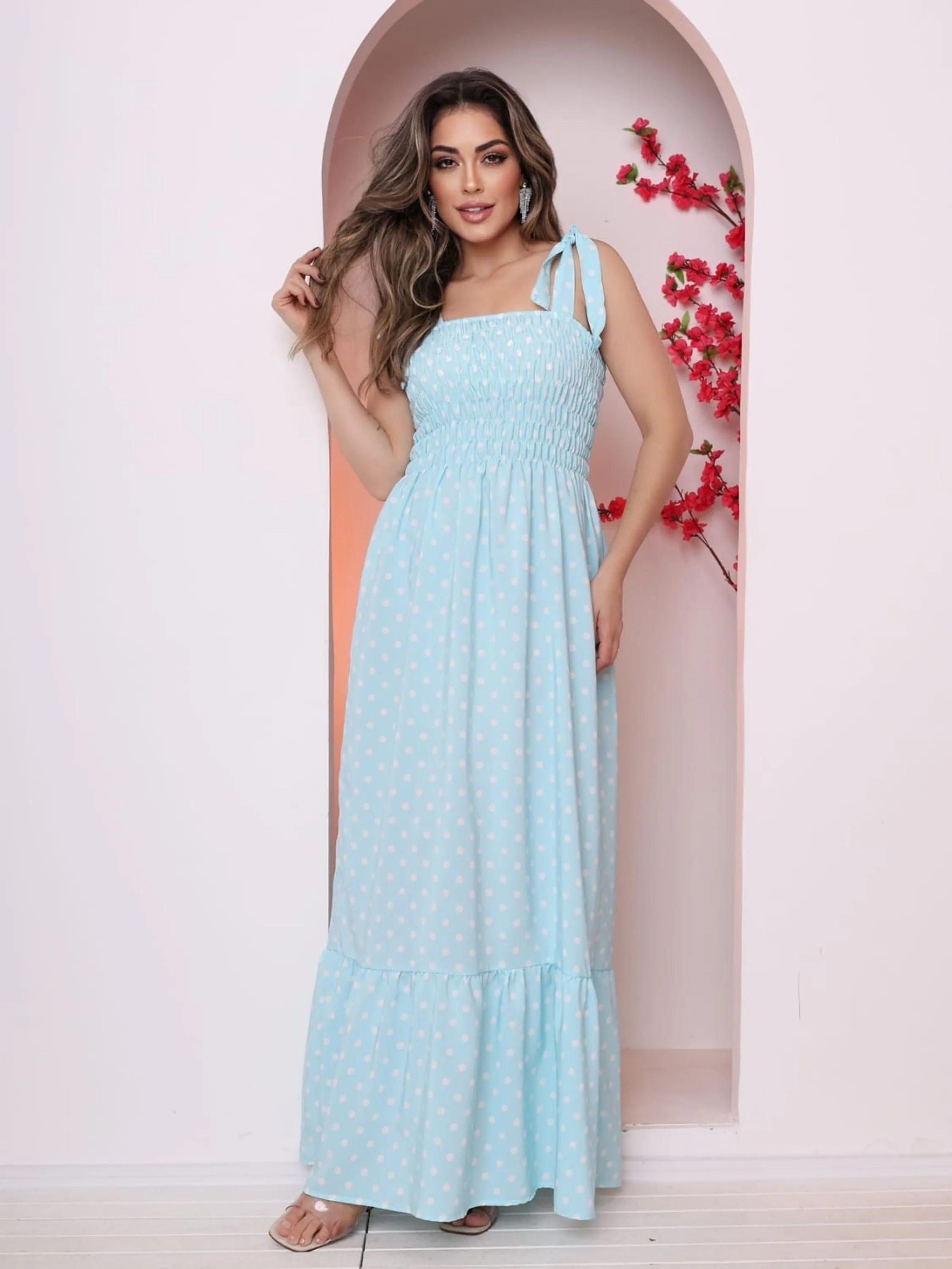 Vestido Bolinha Longo de Alça Elastex Poá