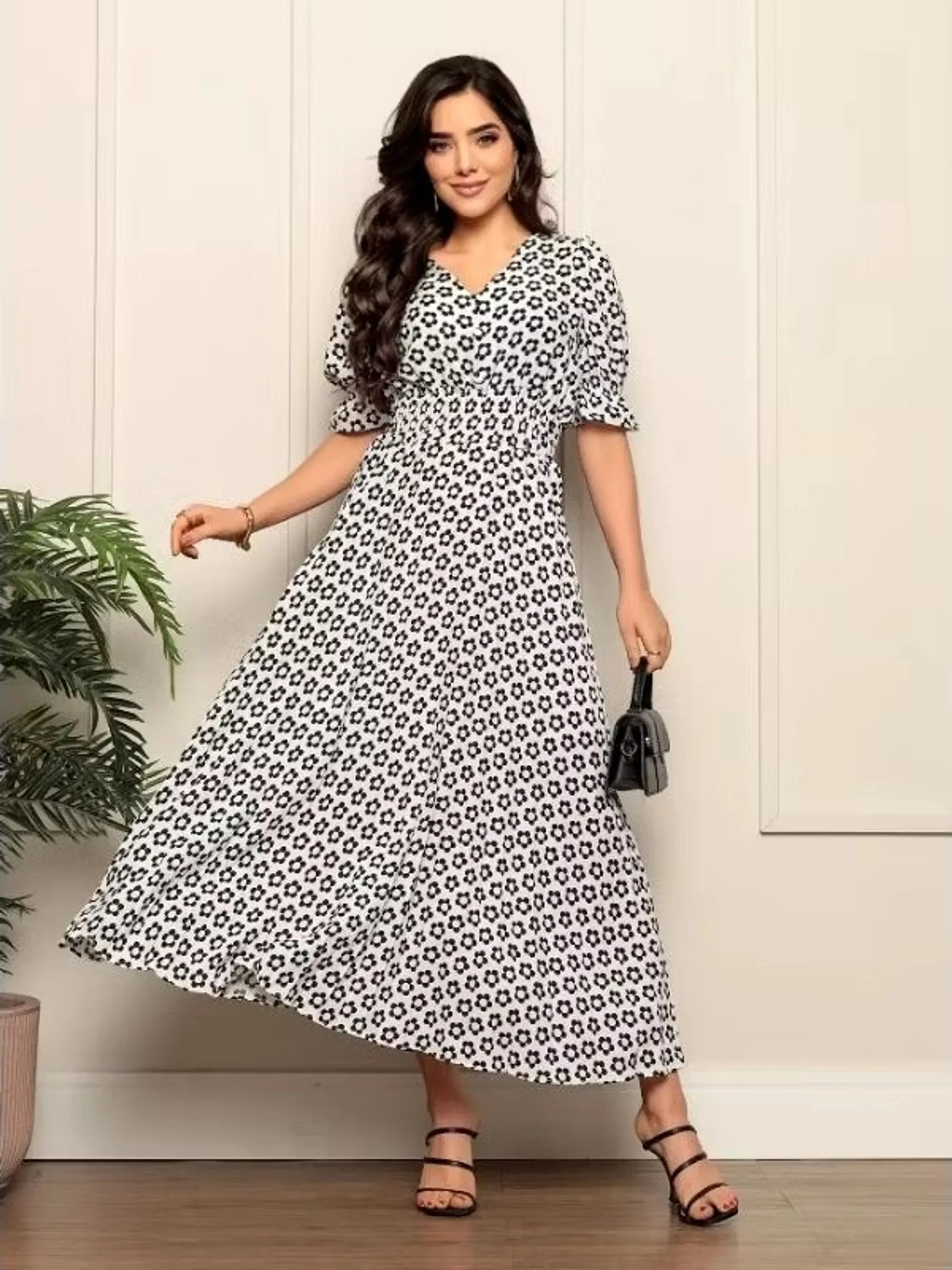 Vestido Longo Com Manga Plissado