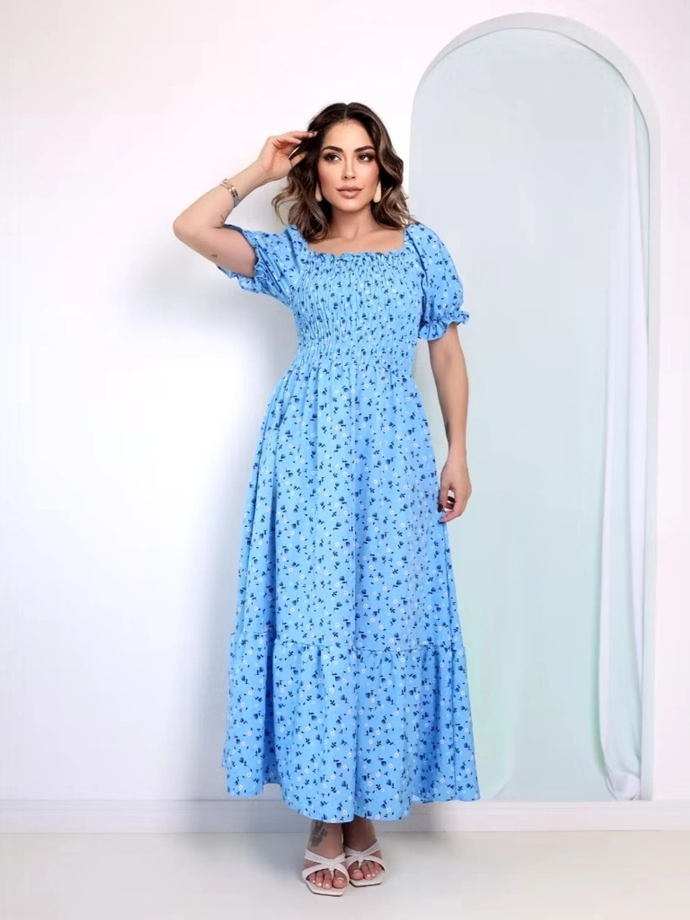 Vestido Estampado Elastex Com Manga Princesa