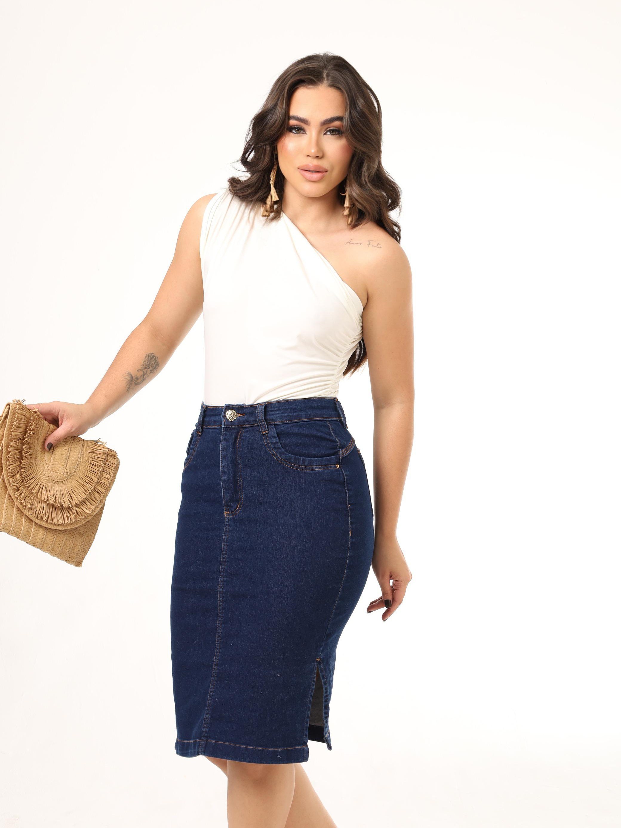 Saia jeans secretaria com elastano bolsos frontais