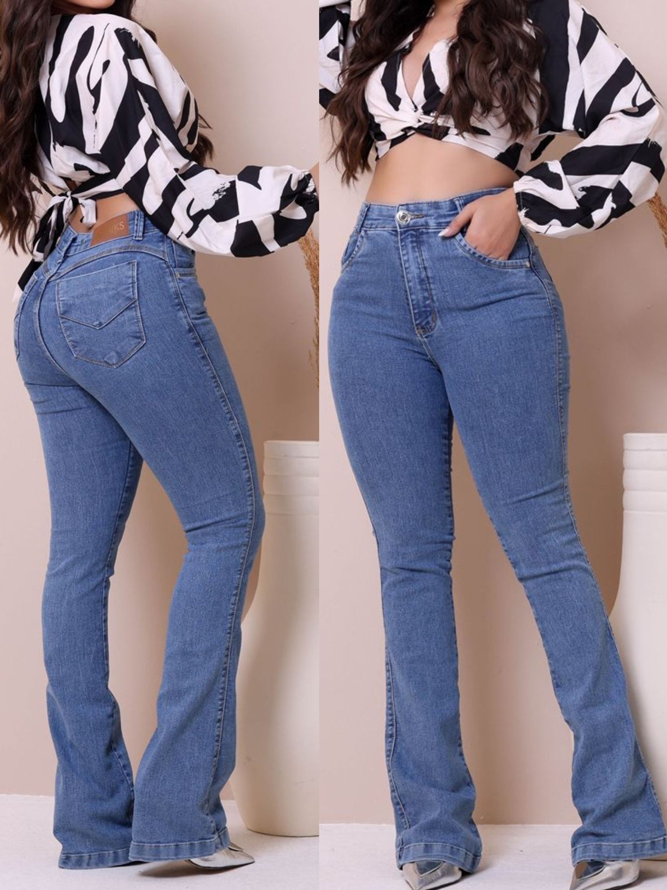 Calça flare jeans com elastano bolso na frente