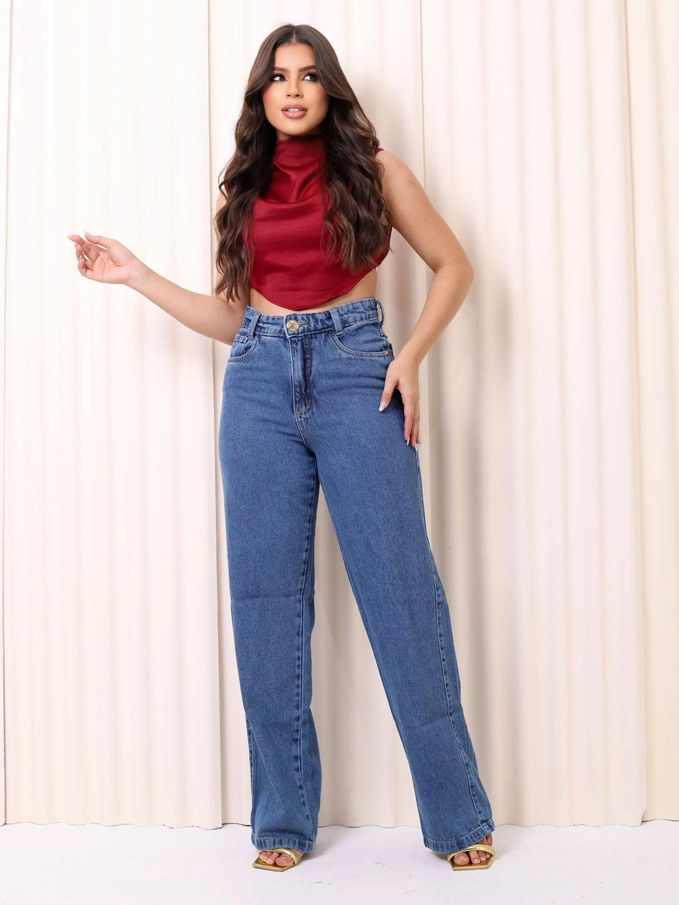 Calça wide leg jeans sem elastano