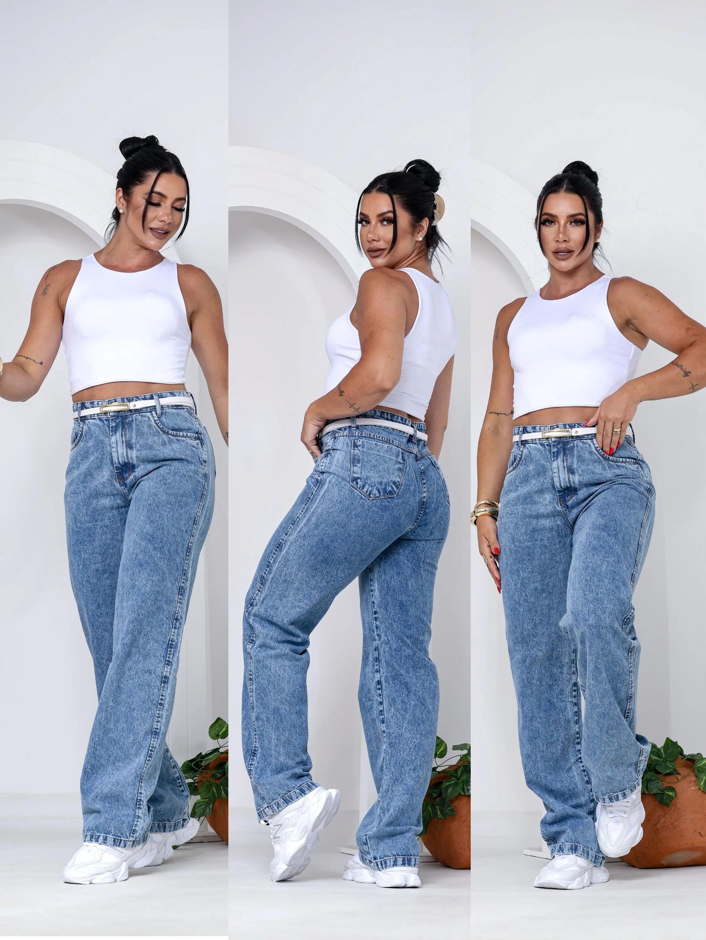 Calça wide leg com bolsos funcionais