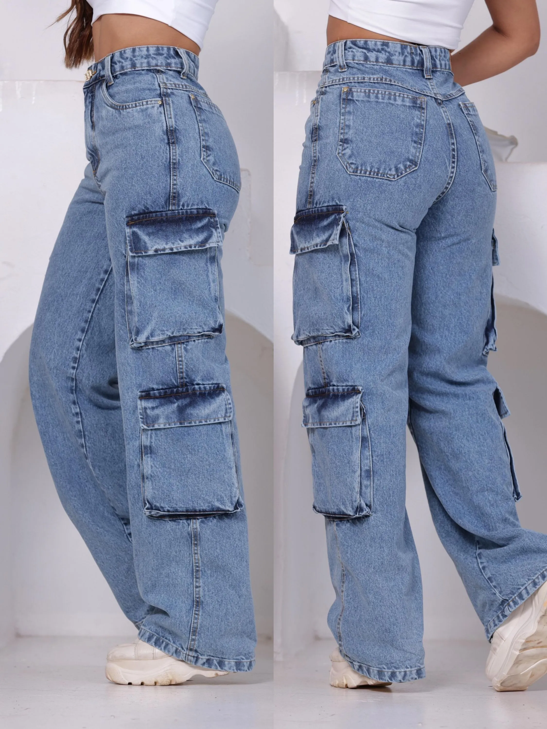 Calça cargo Jeans com 4 bolsos e bolsos forrados