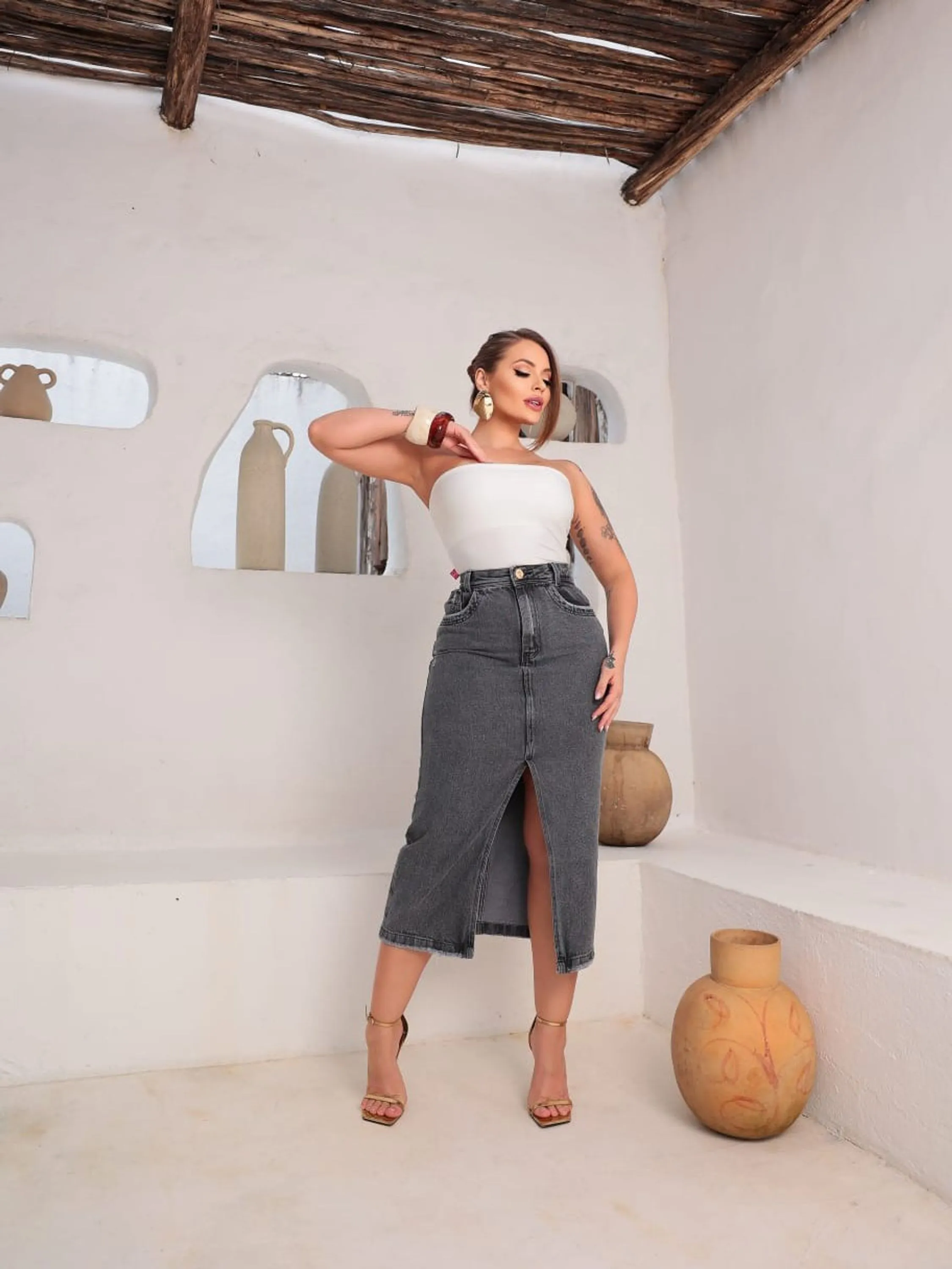 Saia midi jeans sem elastano tamanhos 38 ao 44