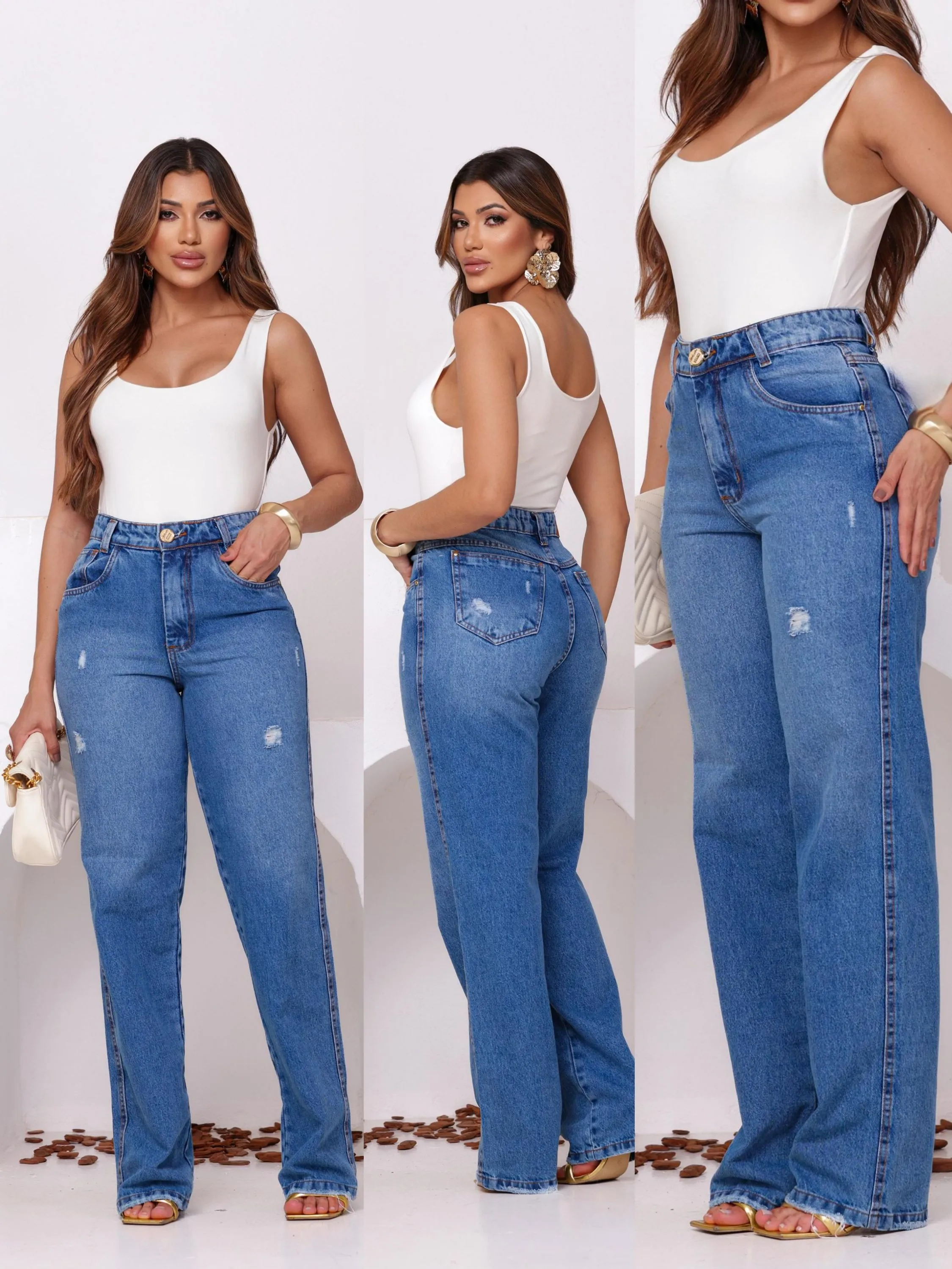 Calça wide leg jeans sem elastano alta qualidade