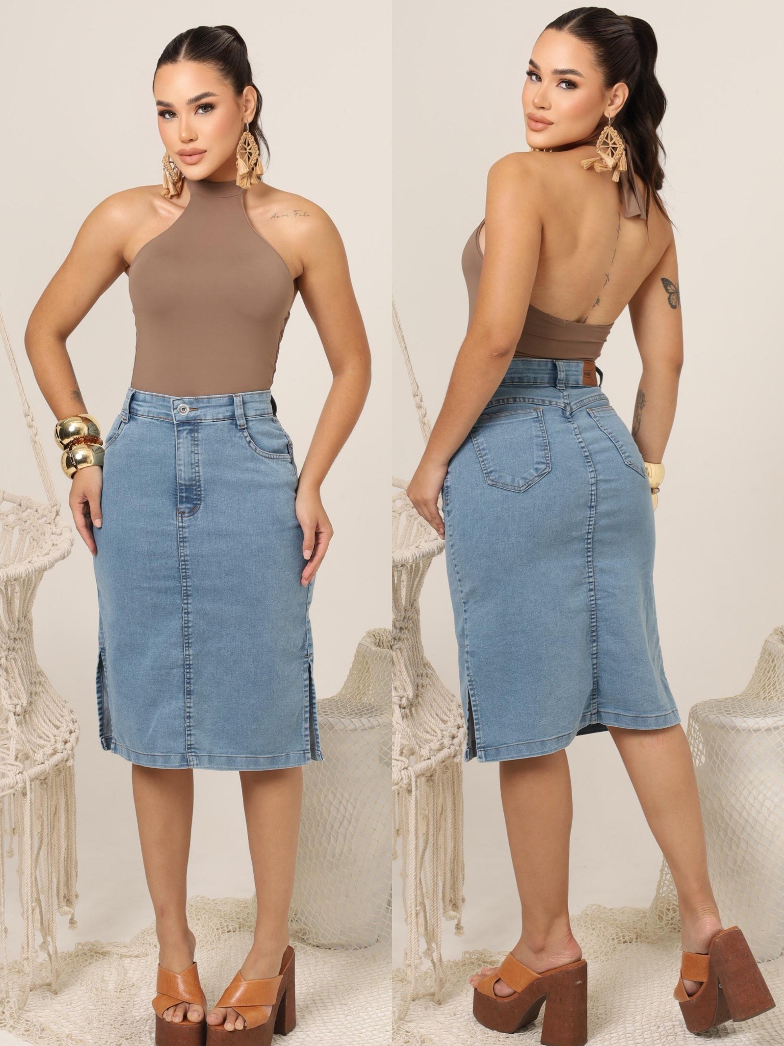 Saia jeans secretaria com elastano bolsos frontais