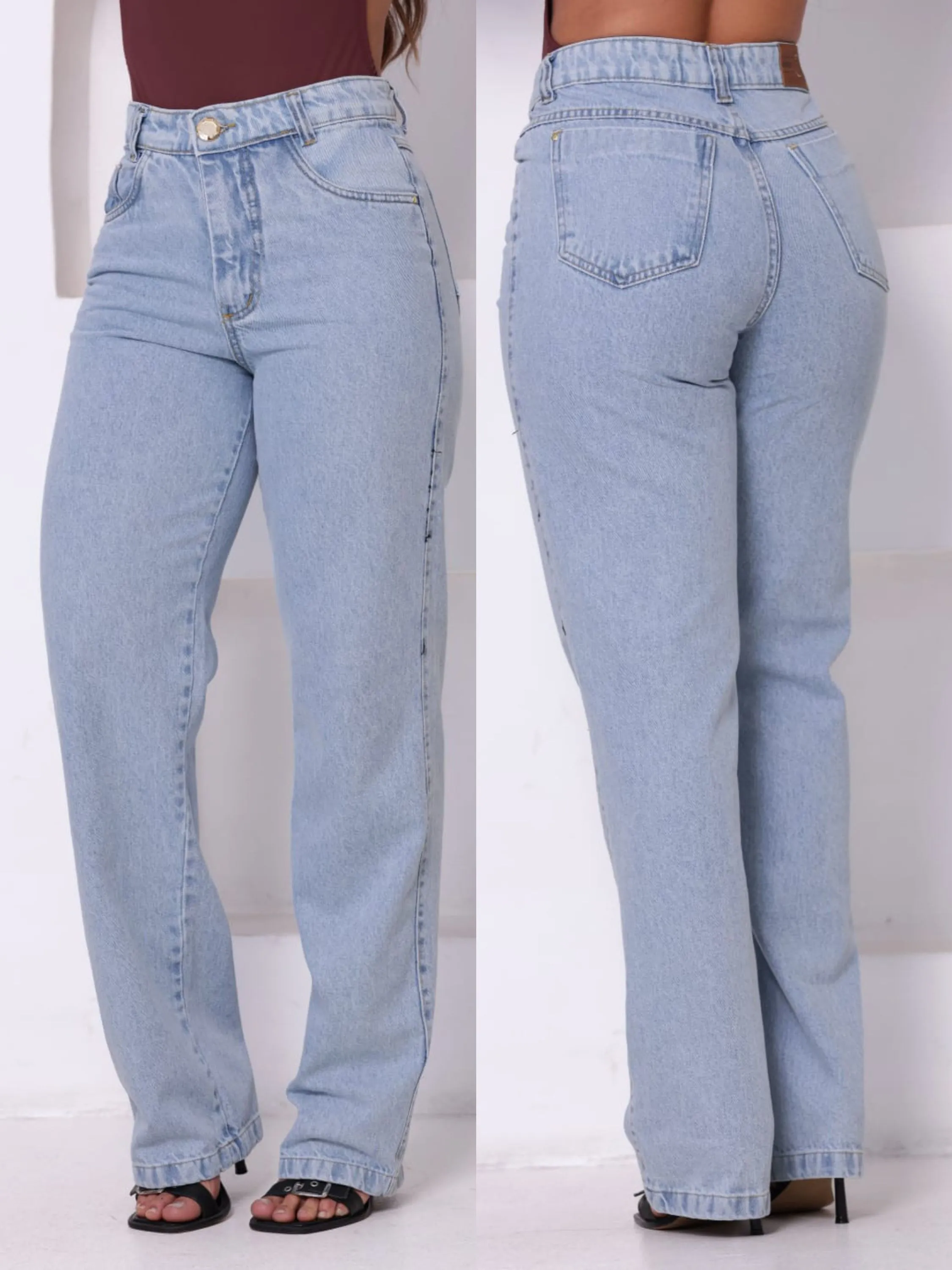 Calça wide leg jeans sem elastano alta qualidade