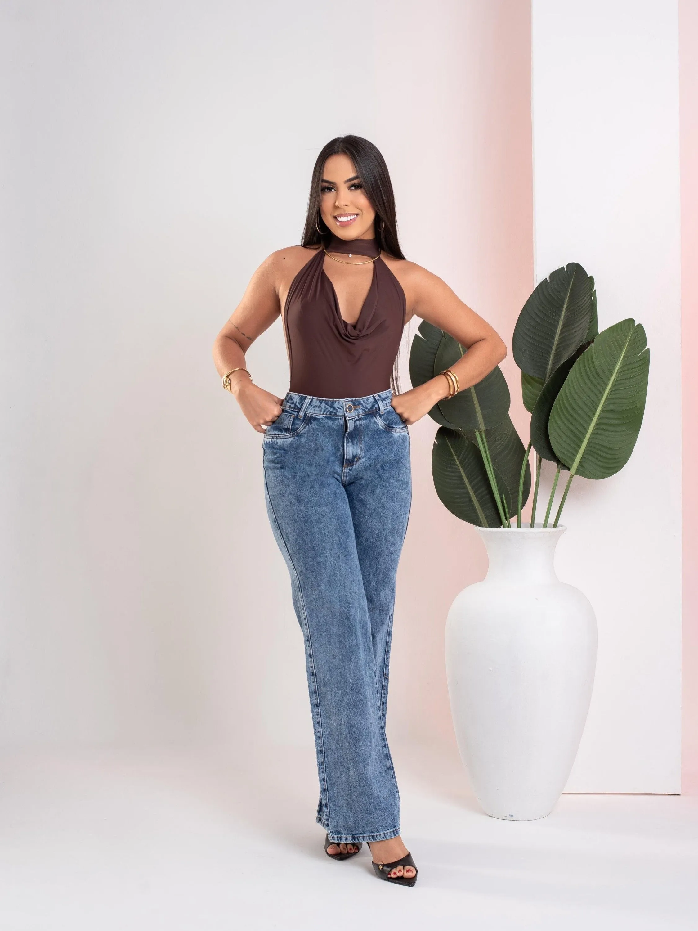 Calça wide leg com elastano