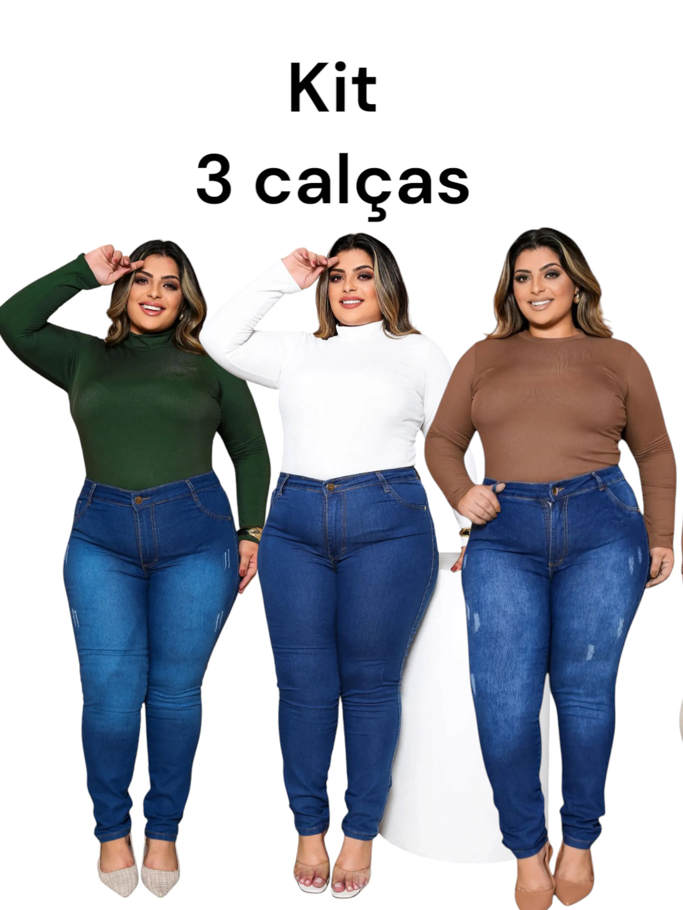 Kit 3 calças jeans plus size lycra tam 46 ao 52