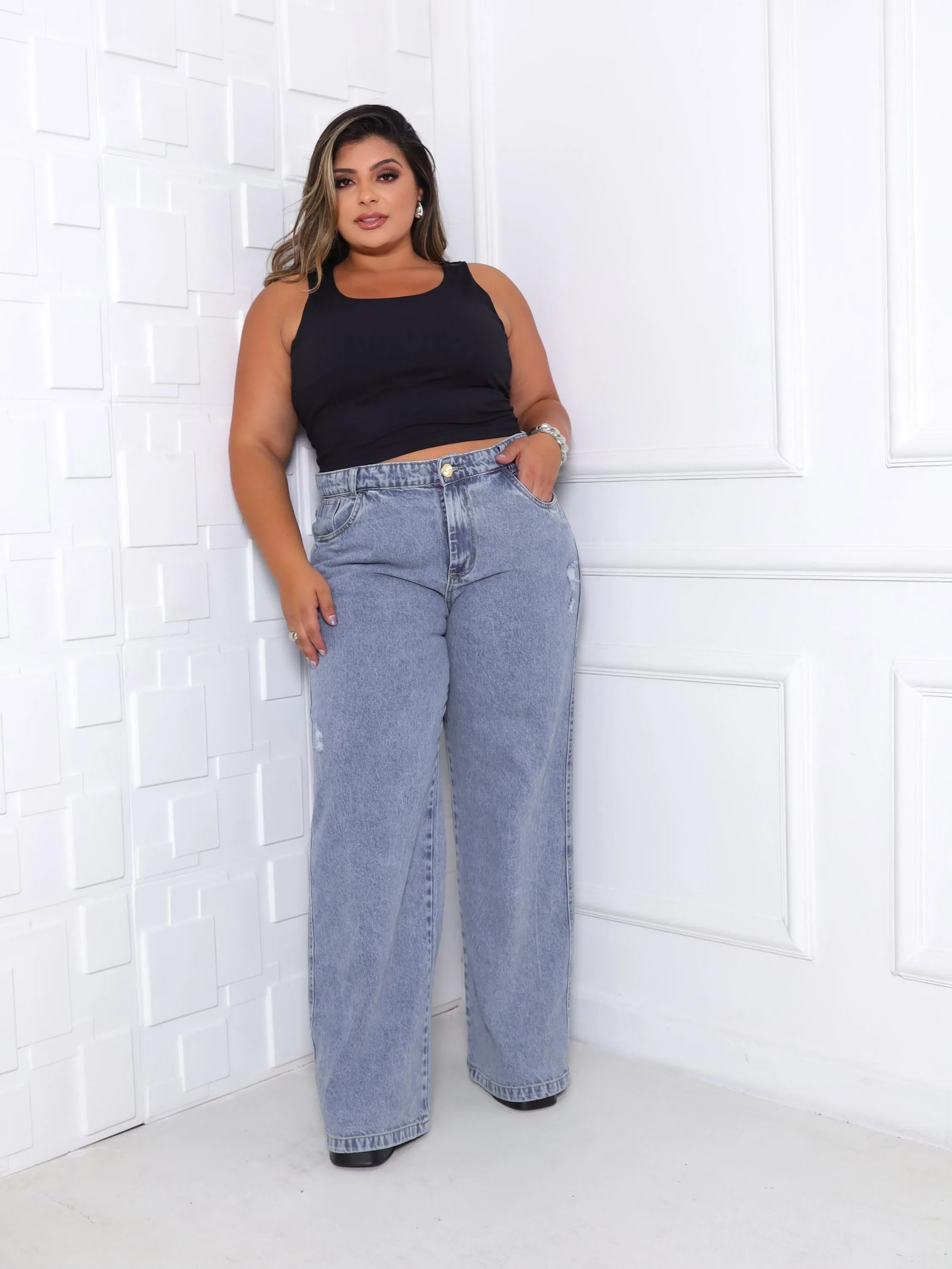 Calça jeans wide leg plus size sem elastano tamanhos 46 ao