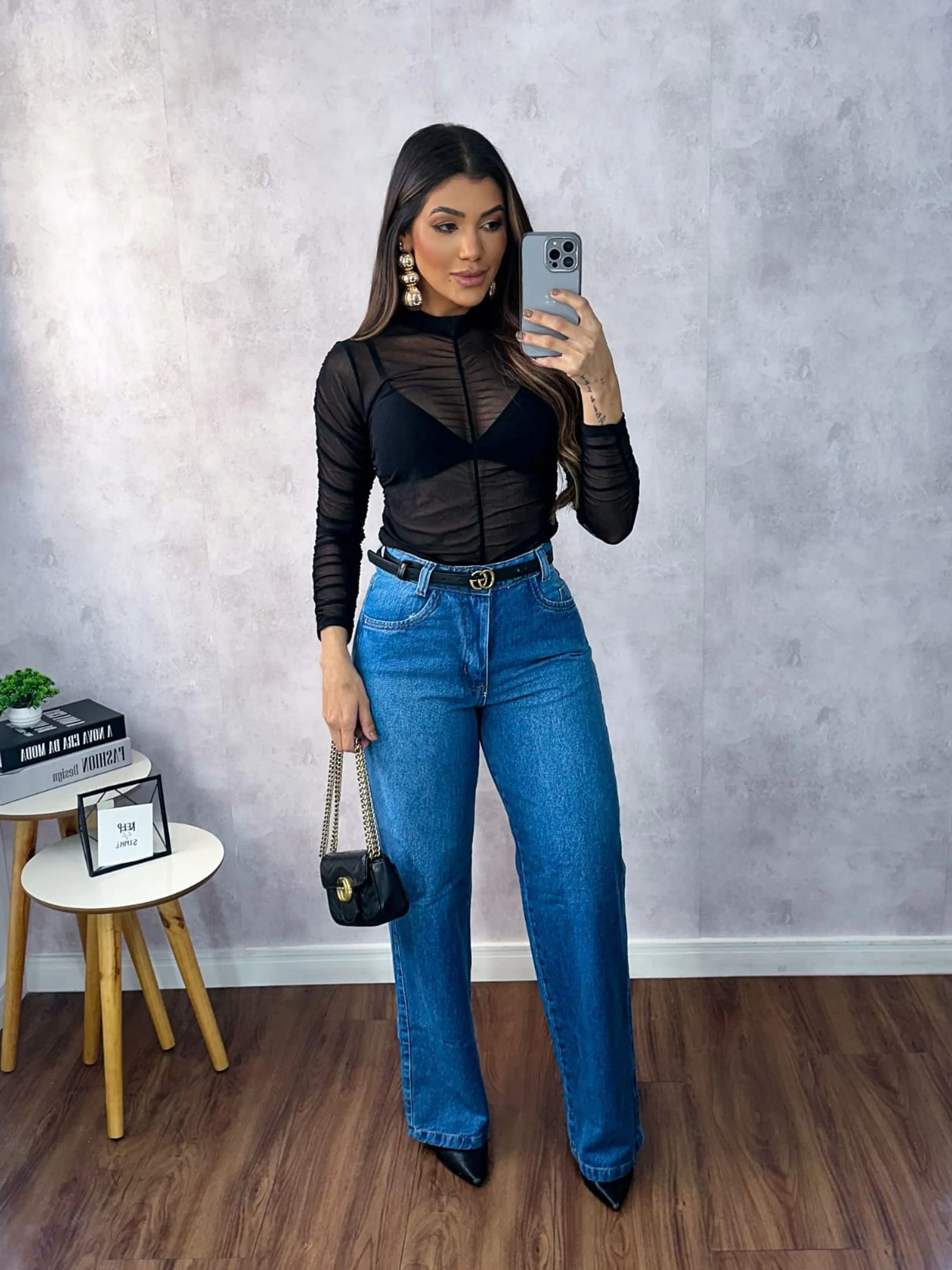 Calça wide leg jeans sem elastano