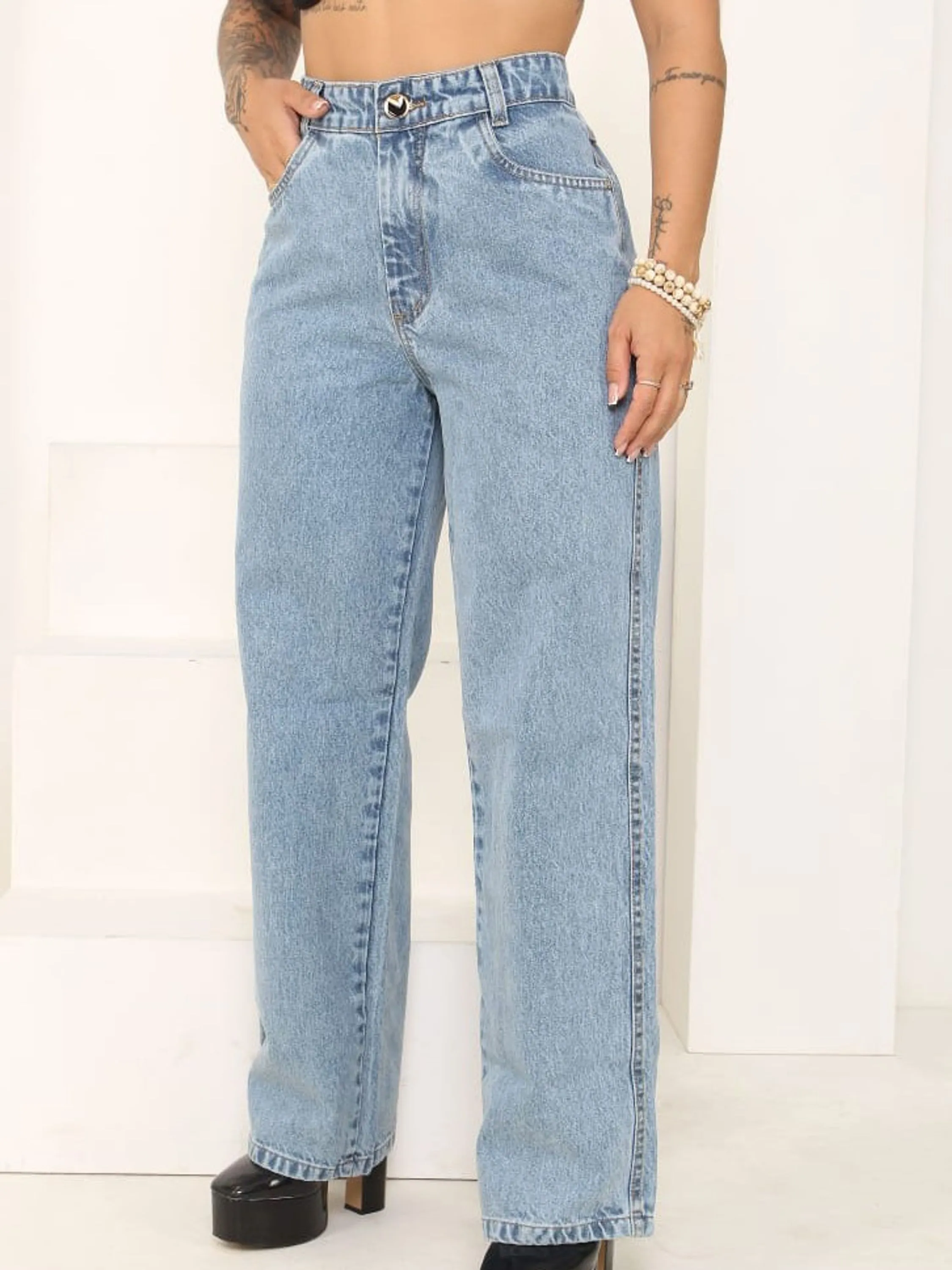 Calça wide leg 13oz