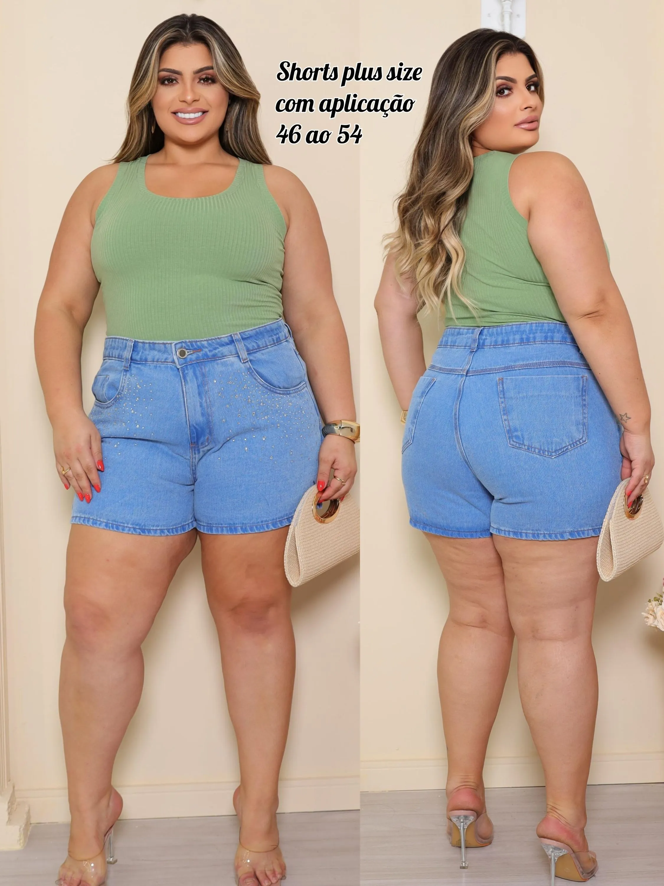 Shorts jeans Plus size com aplicação bolso na frente