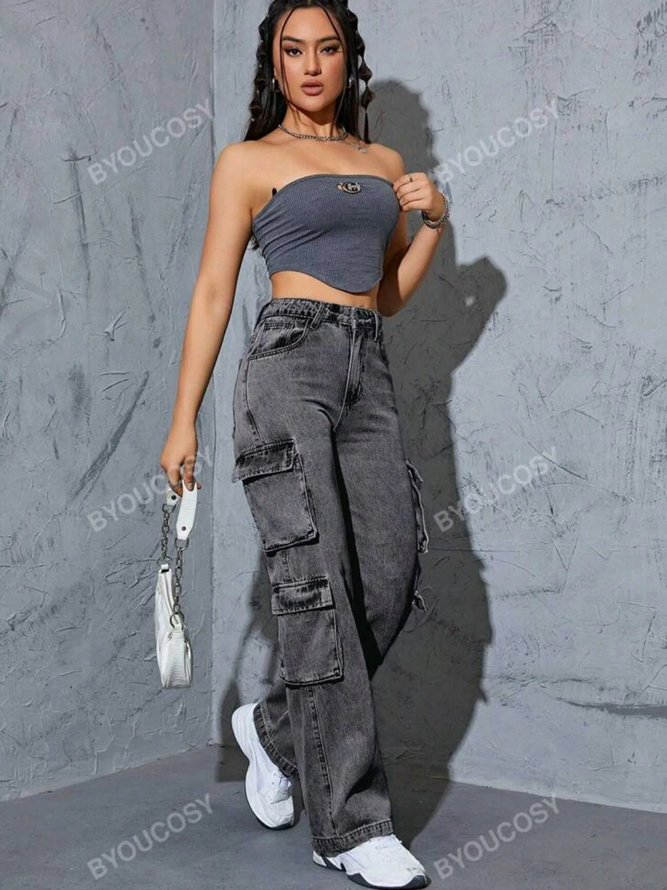 Calça cargo 4 bolsos grafite sem elastano forma boa
