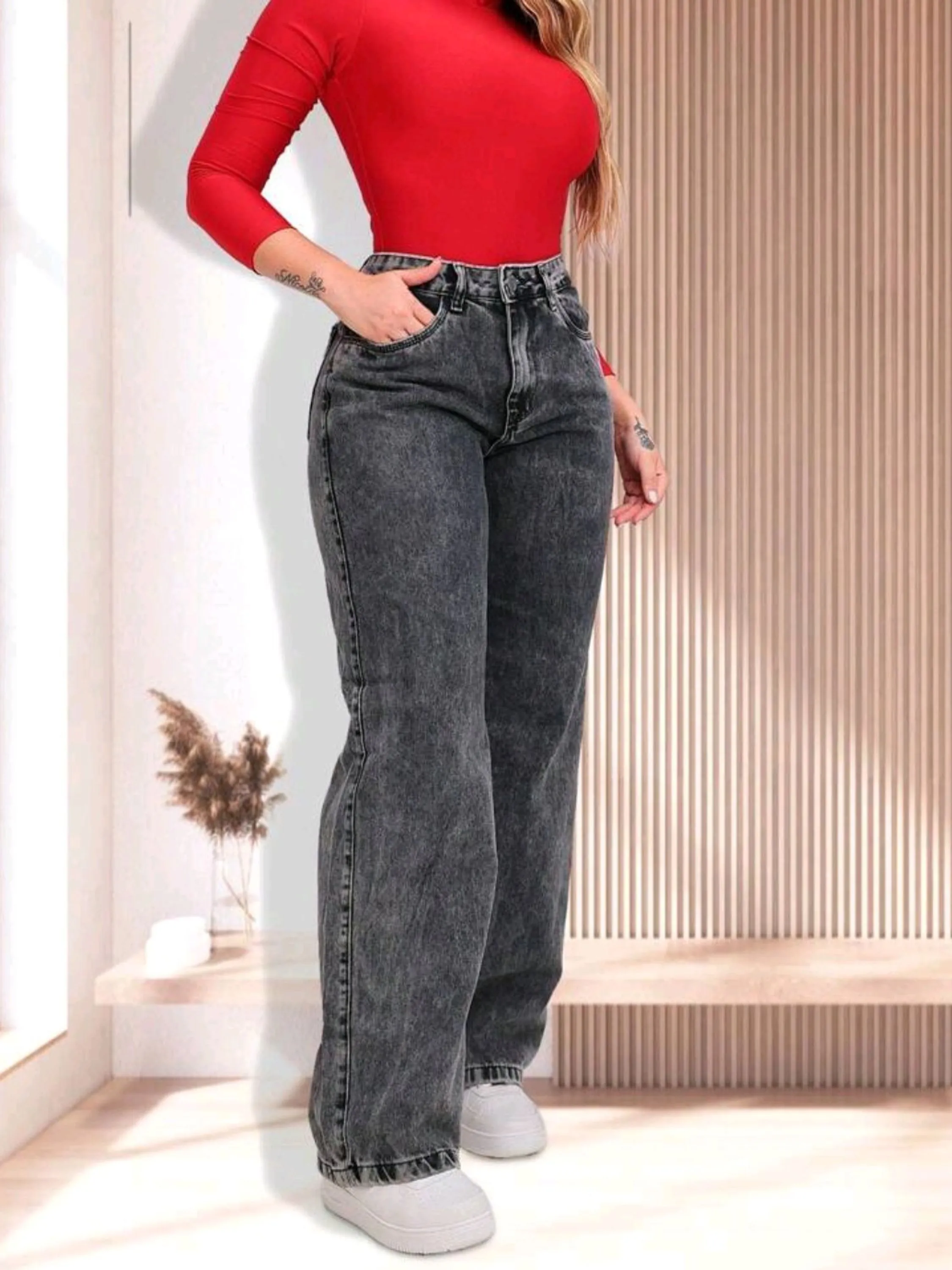 Calça wide leg jeans cinza grafite