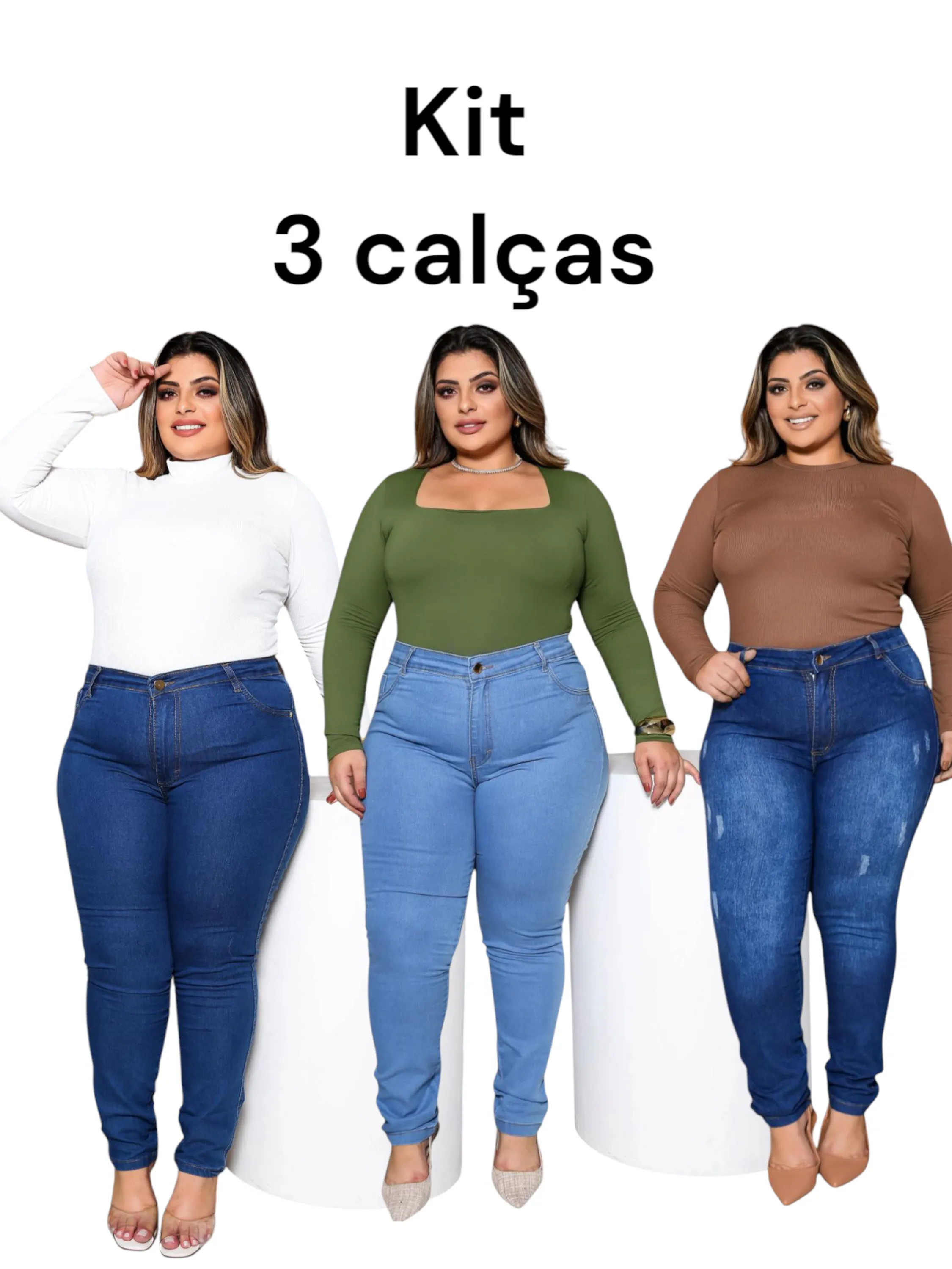 Kit 3 calças jeans plus size lycra tam 46 ao 52