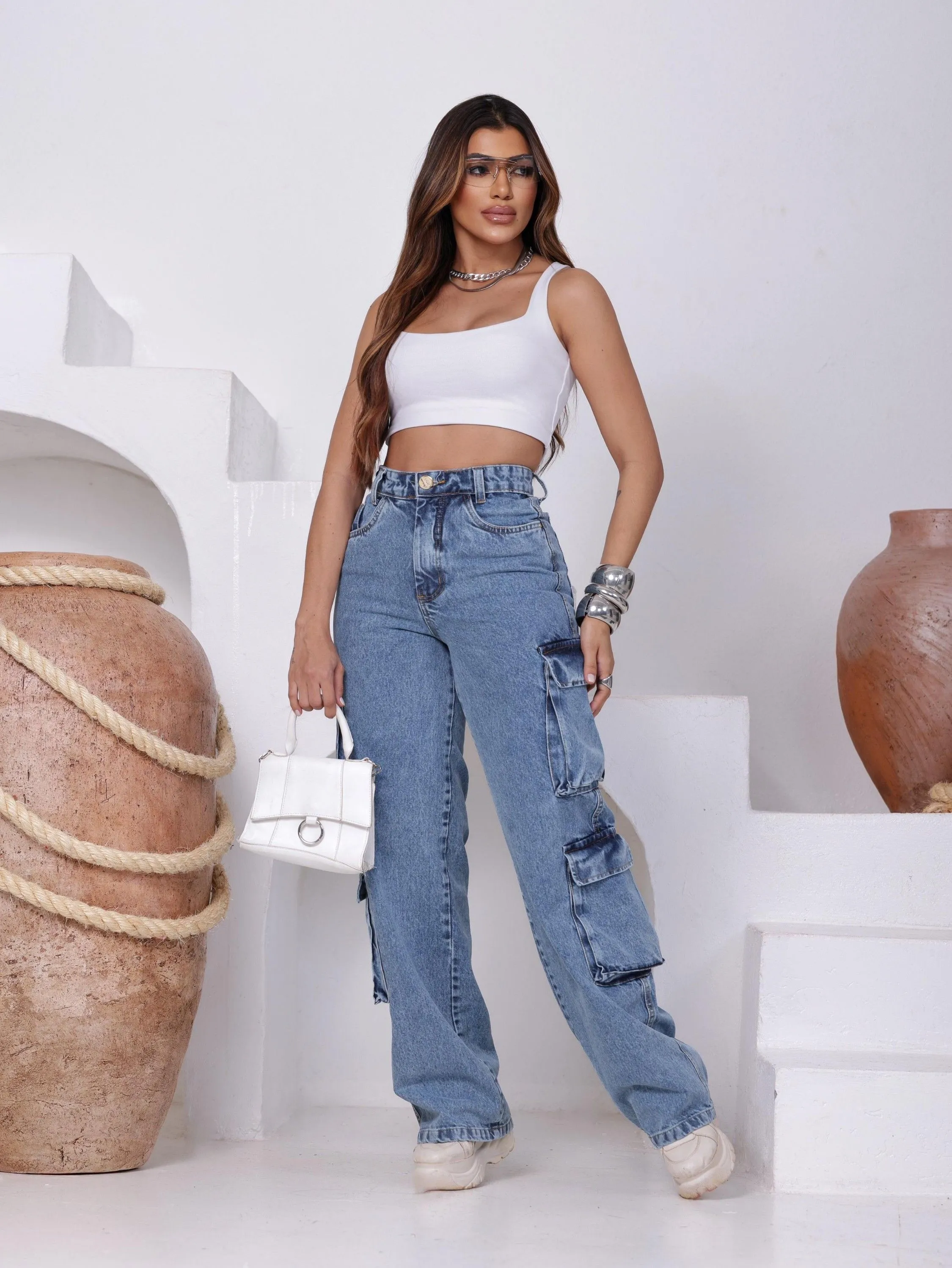 Calça jeans cargo sem elastano tamanhos 32 ao 42