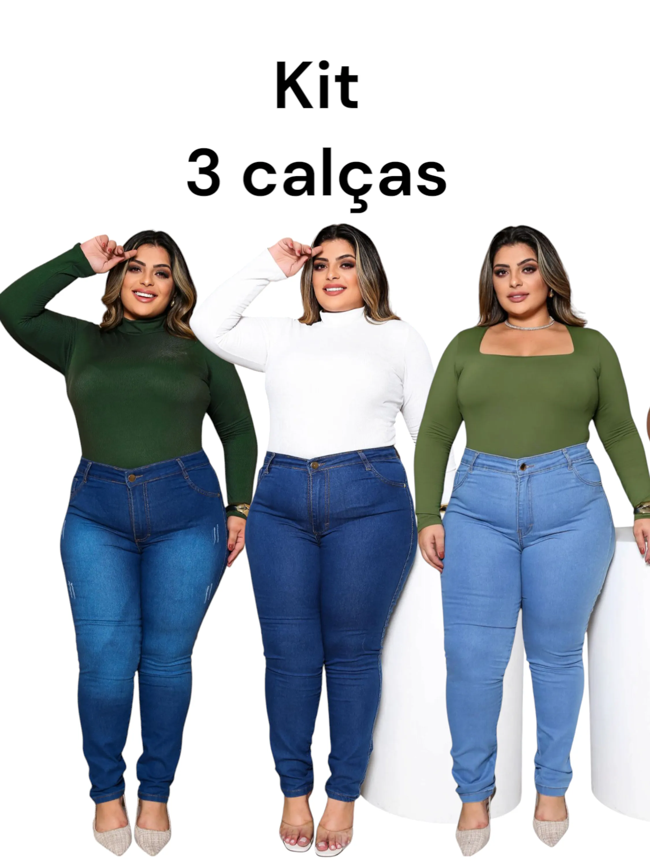 Kit 3 calças jeans plus size lycra tam 46 ao 52