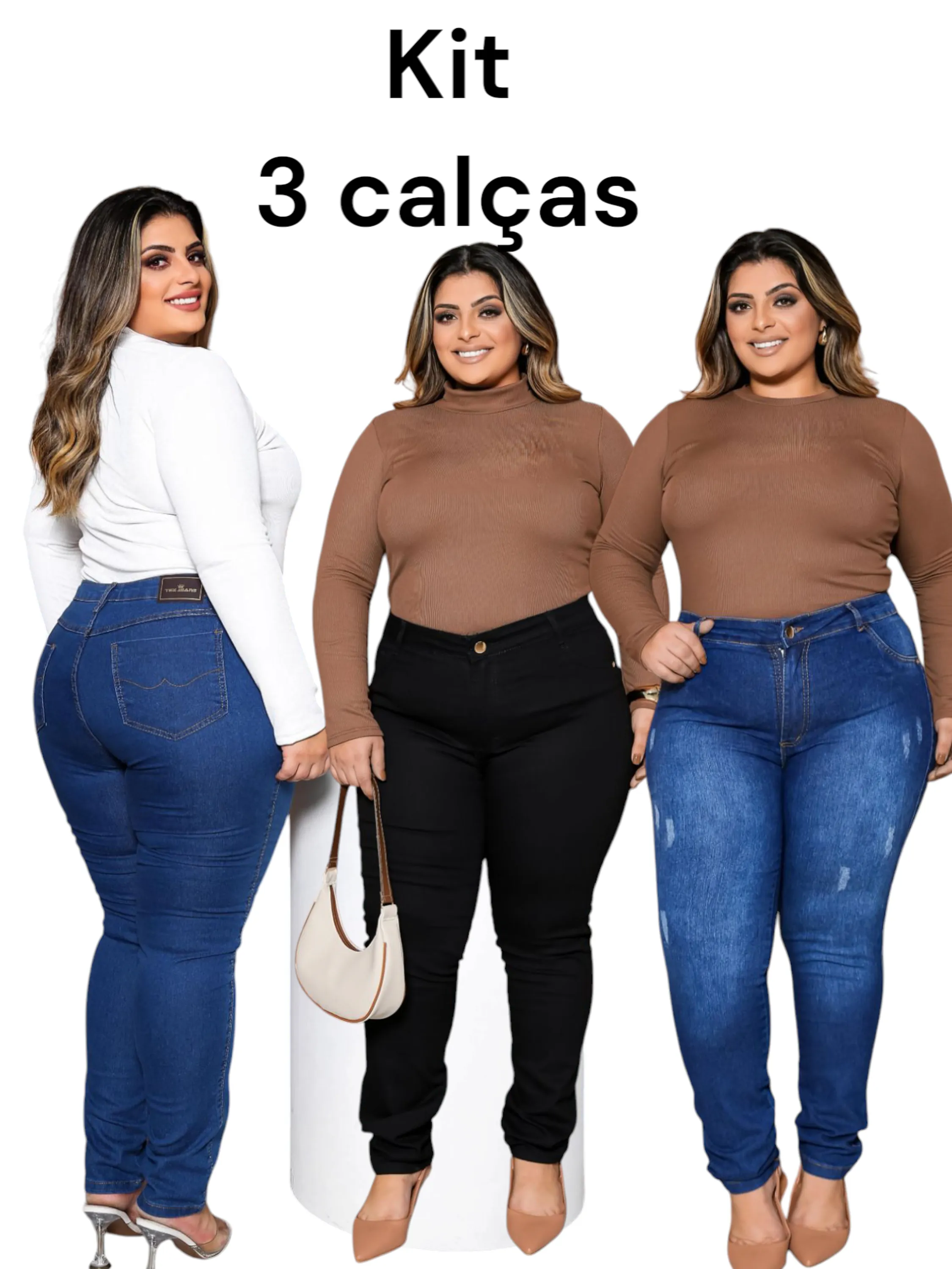 Kit 3 calças jeans plus size lycra tam 46 ao 52