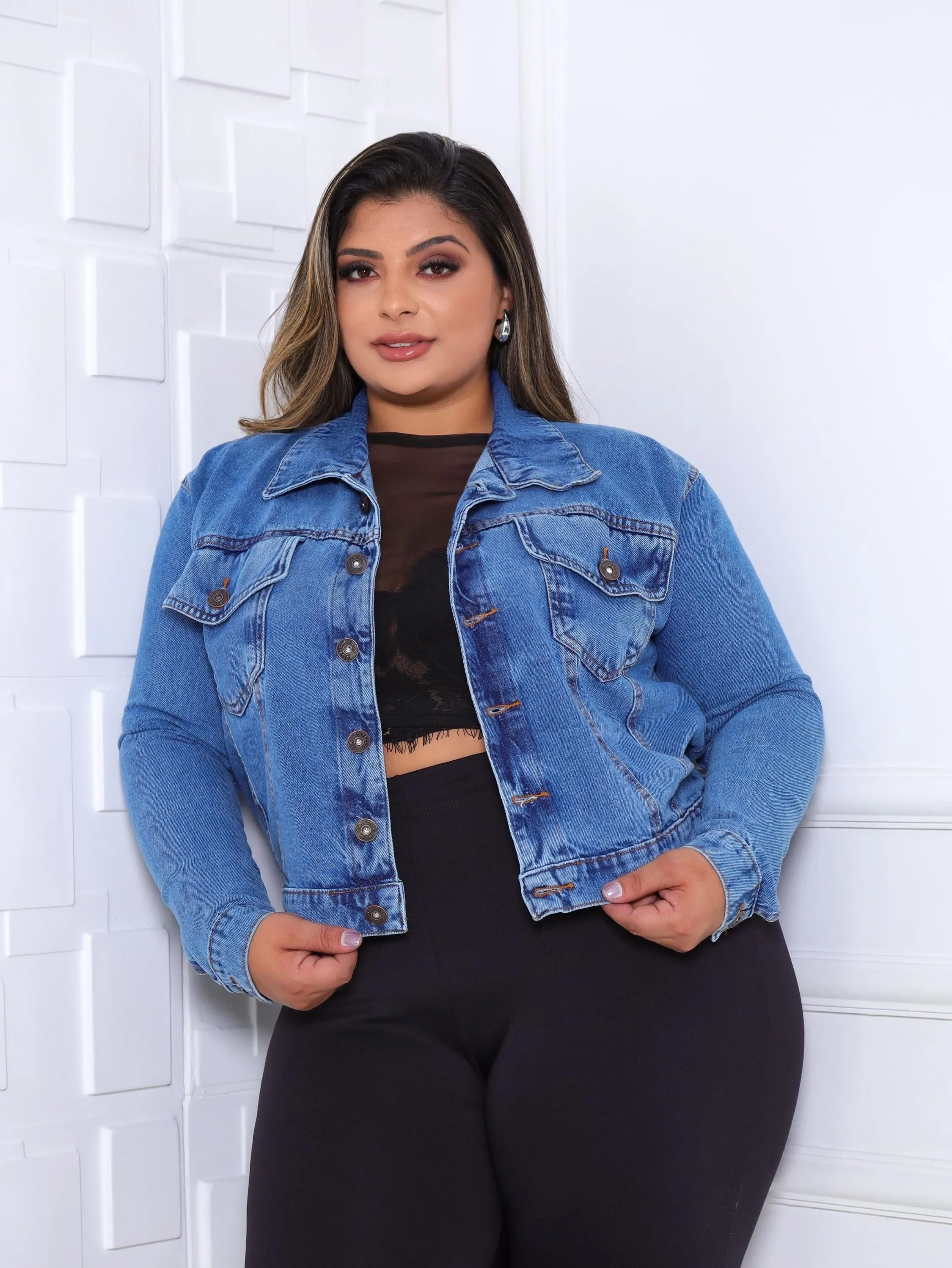 Jaqueta jeans premium plus size sem elastano
