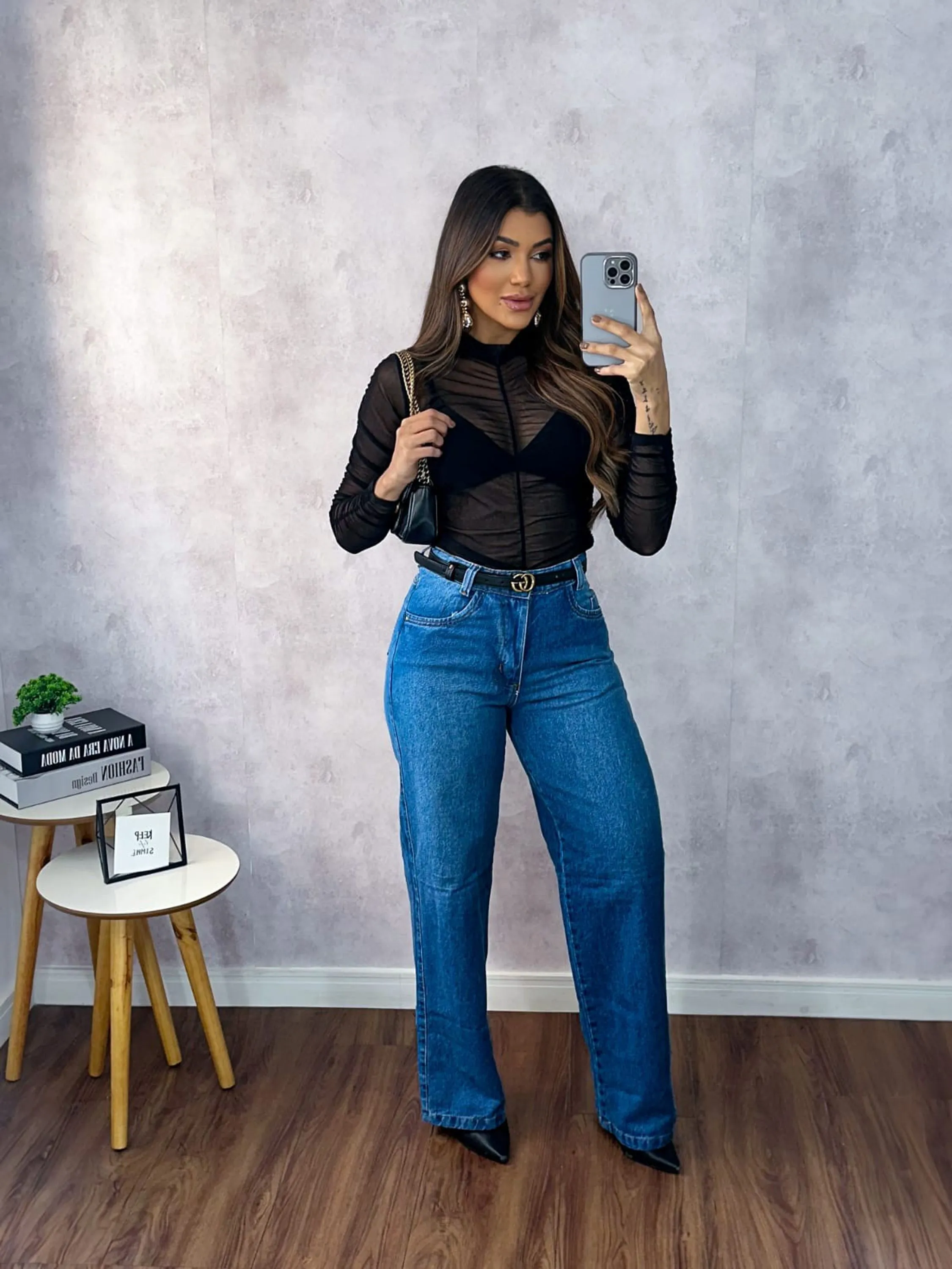 Calça jeans wide leg pants sem elastano