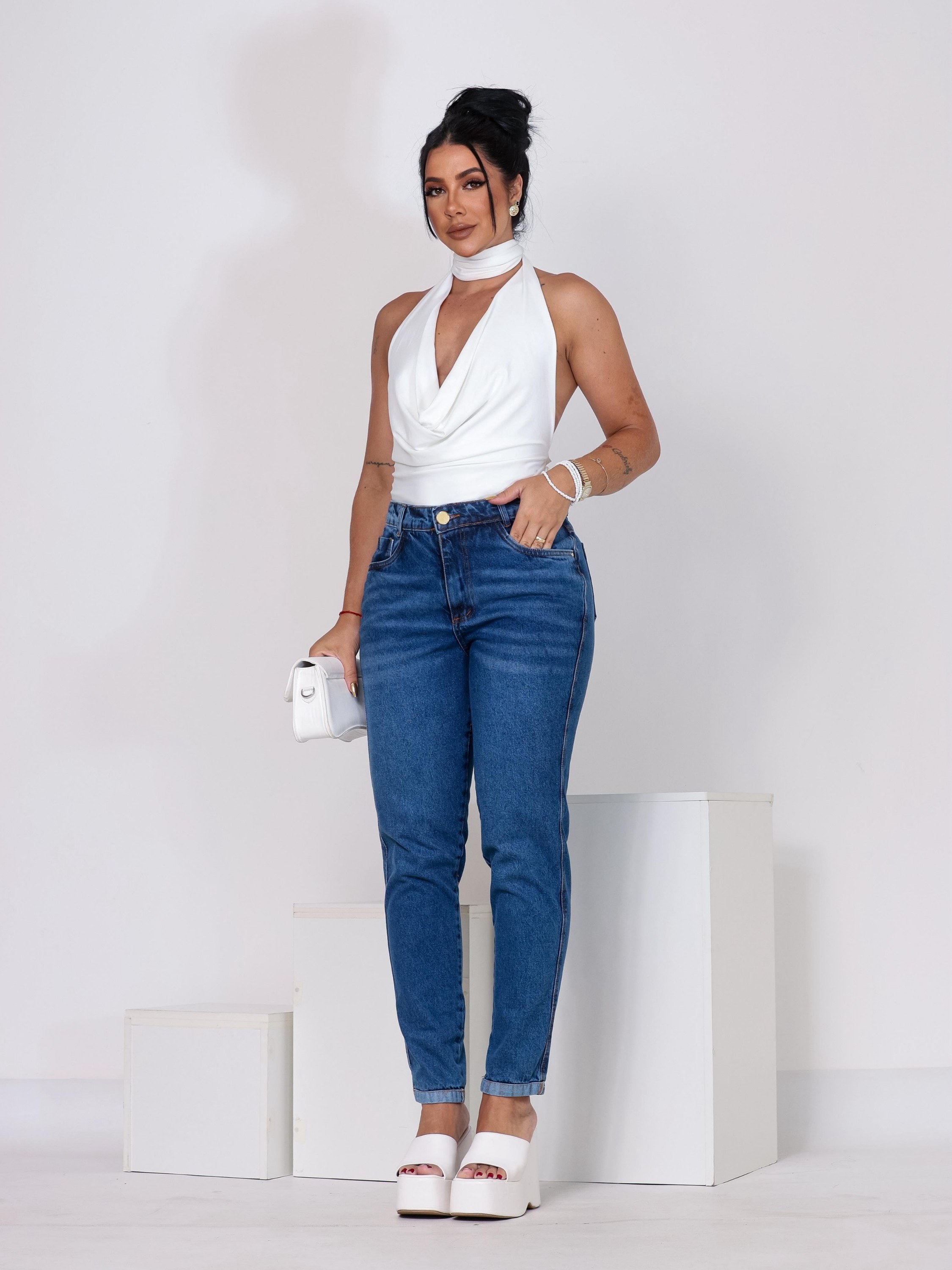 Calça mom jeans sem Lycra alta qualidade bolso na frente