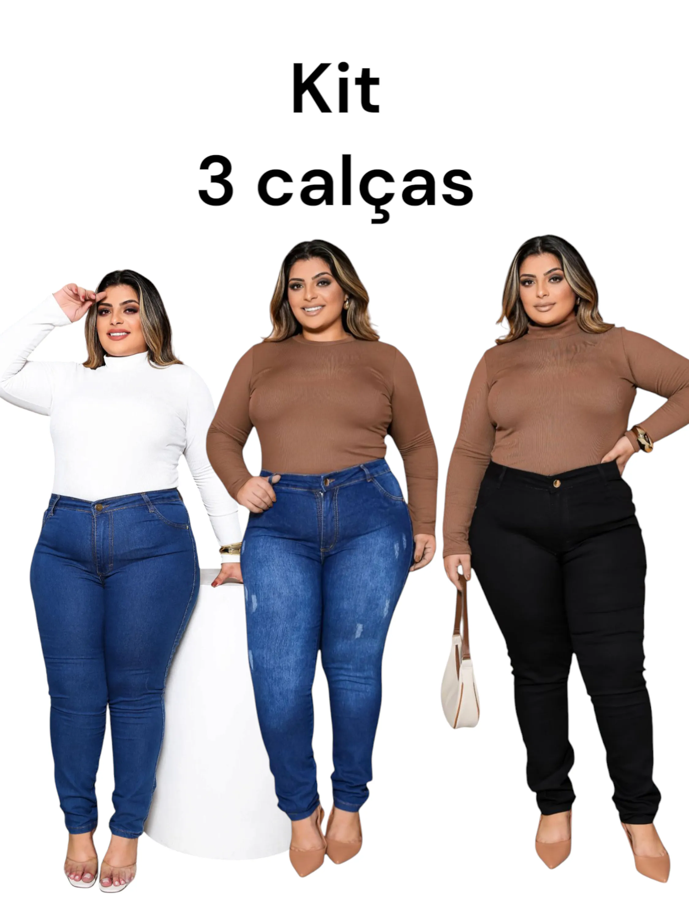 Kit 3 calças jeans plus size lycra tam 46 ao 52