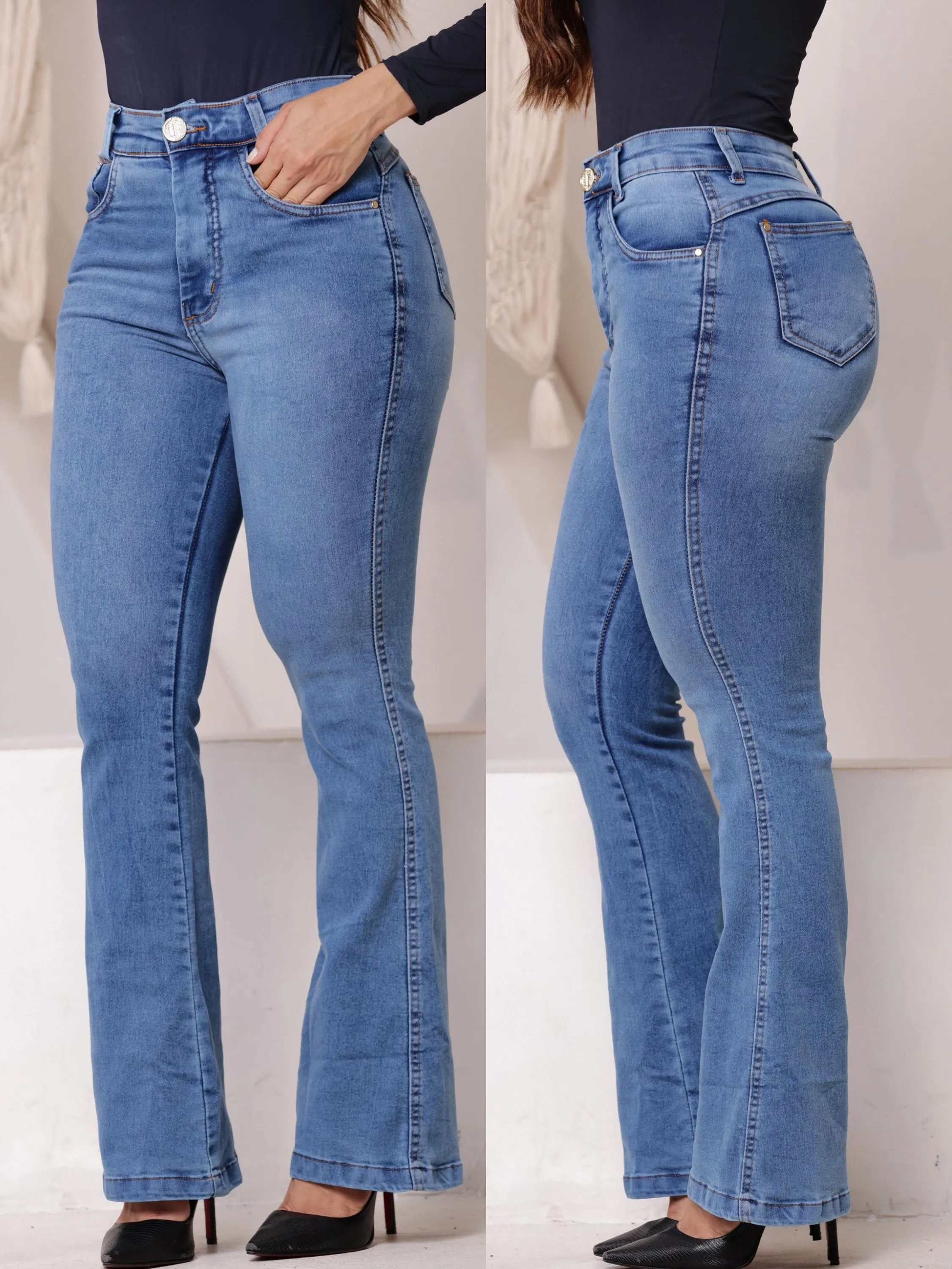 Calça flare jeans com elastano tamanhos 36 ao 44