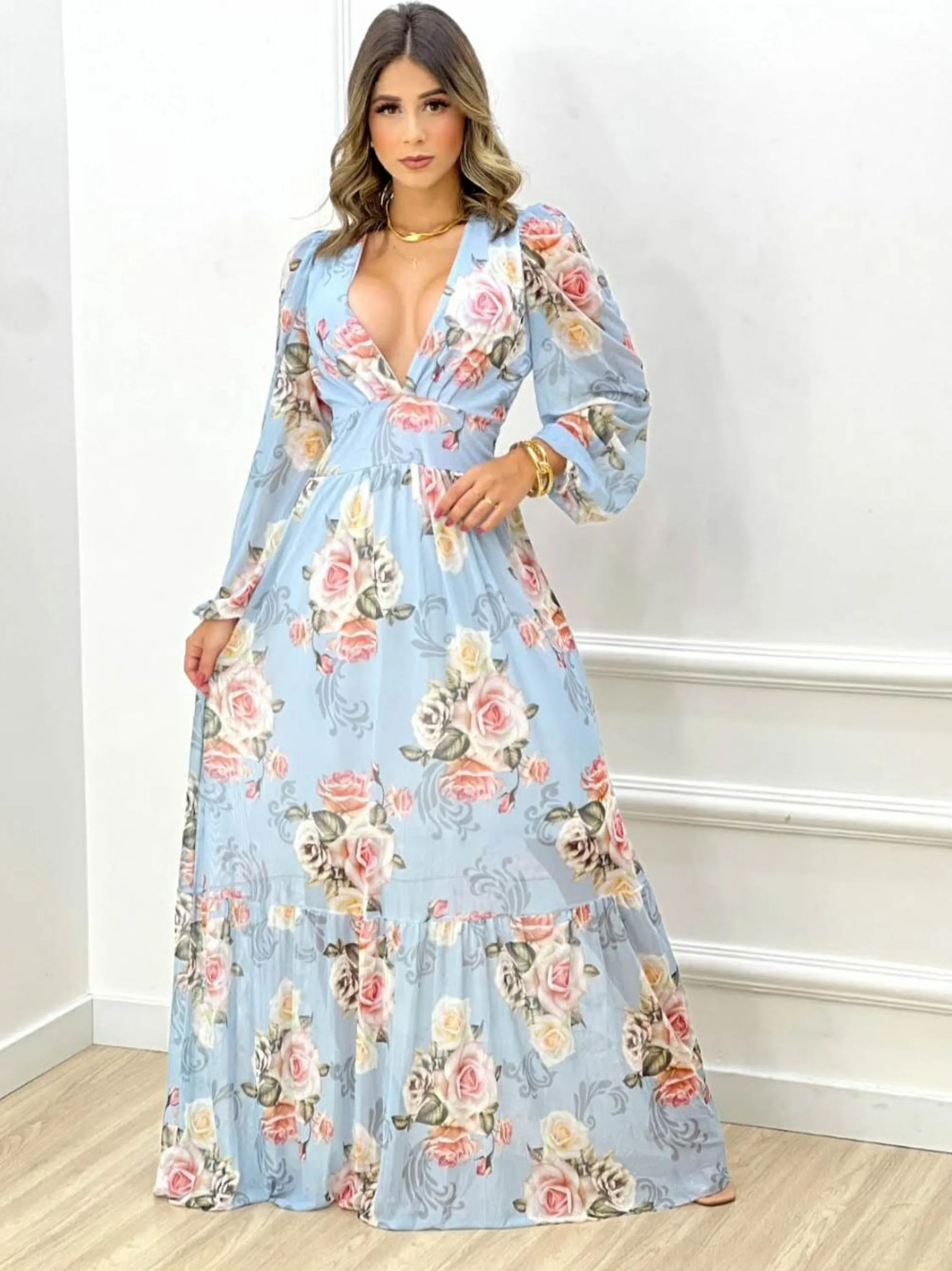 Vestido Feminino Longo Tule Estampado Chique e Elegante