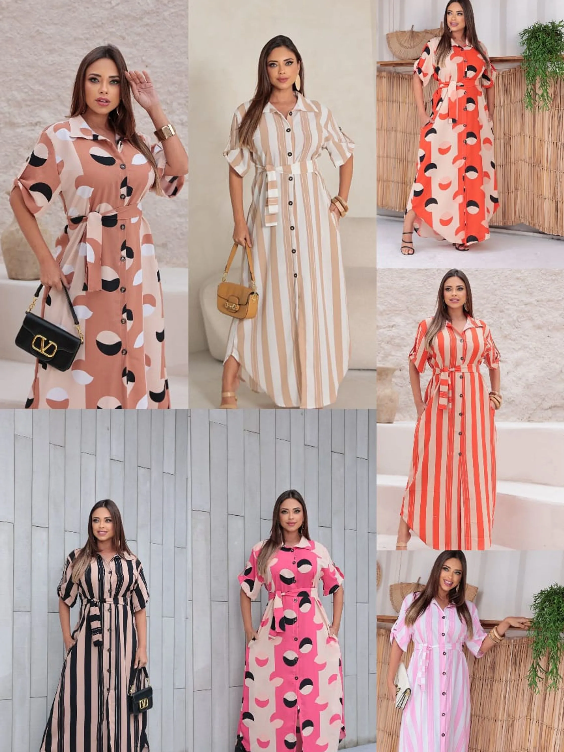 Vestido Feminino Chemise Longo Listrado e Bolinha