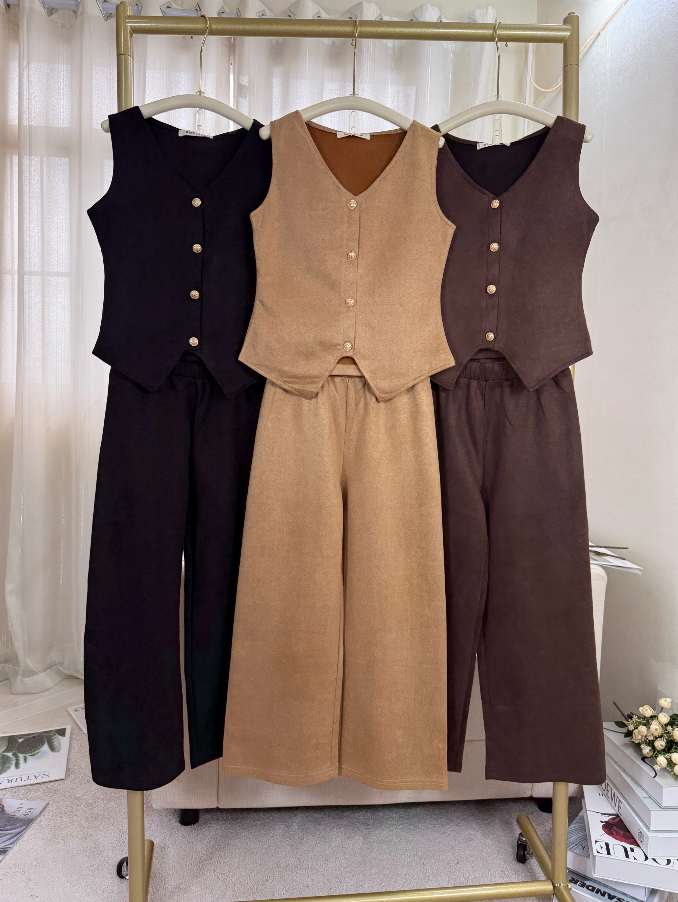 Fancy kids modelo inverno conjunto suede colete com calça