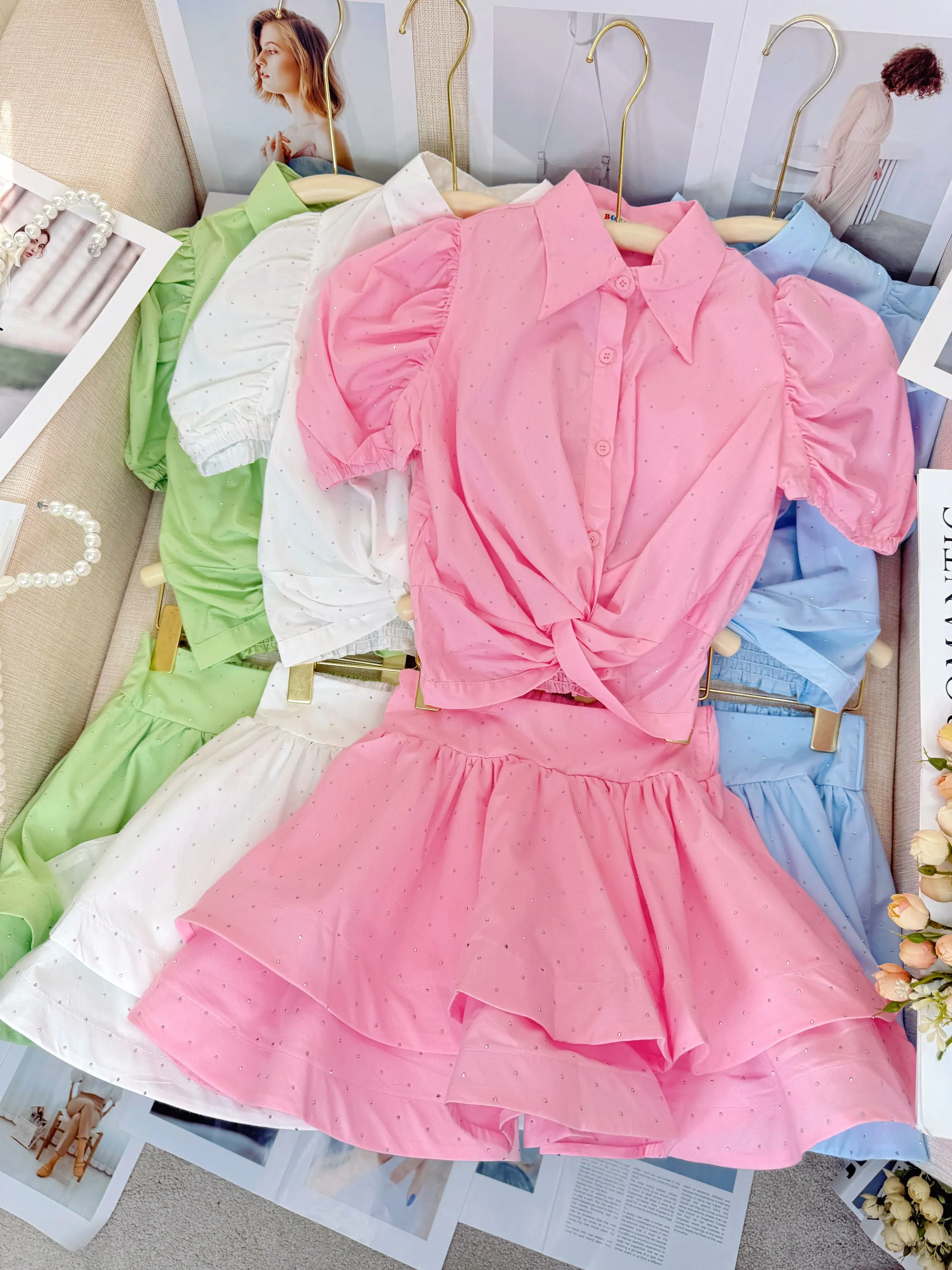 Fancy kids conjunto brilho blusa com saia