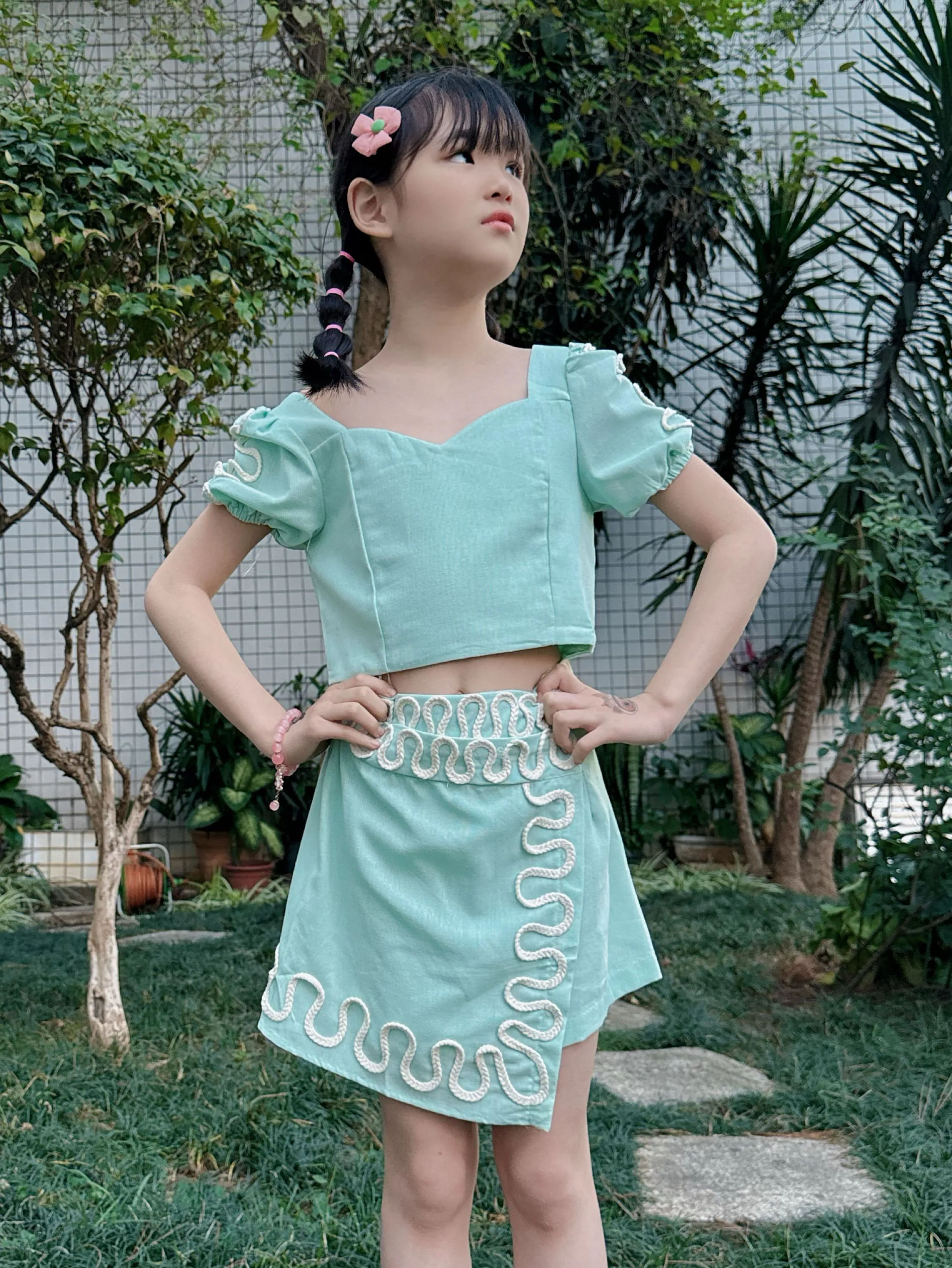 Fancy kids conjunto linho cropped com saia