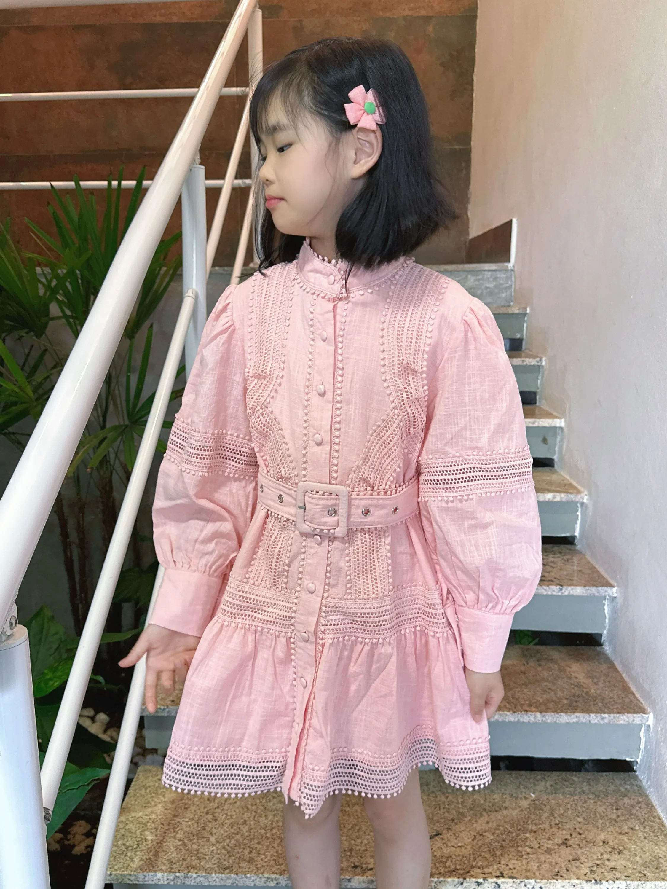 Fancy kids vestido manda longa com cinto