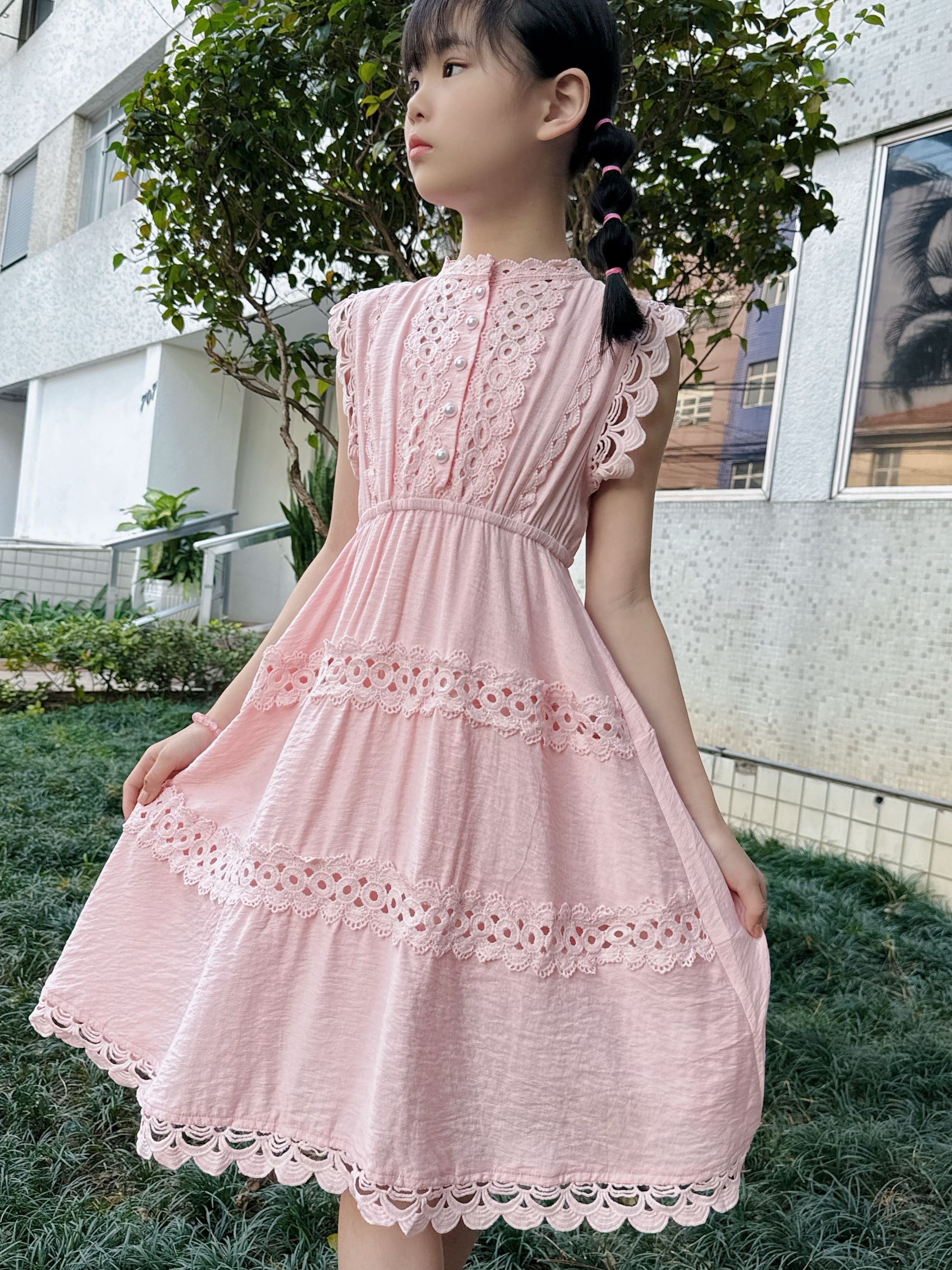 Fancy kids vestido crepe renda