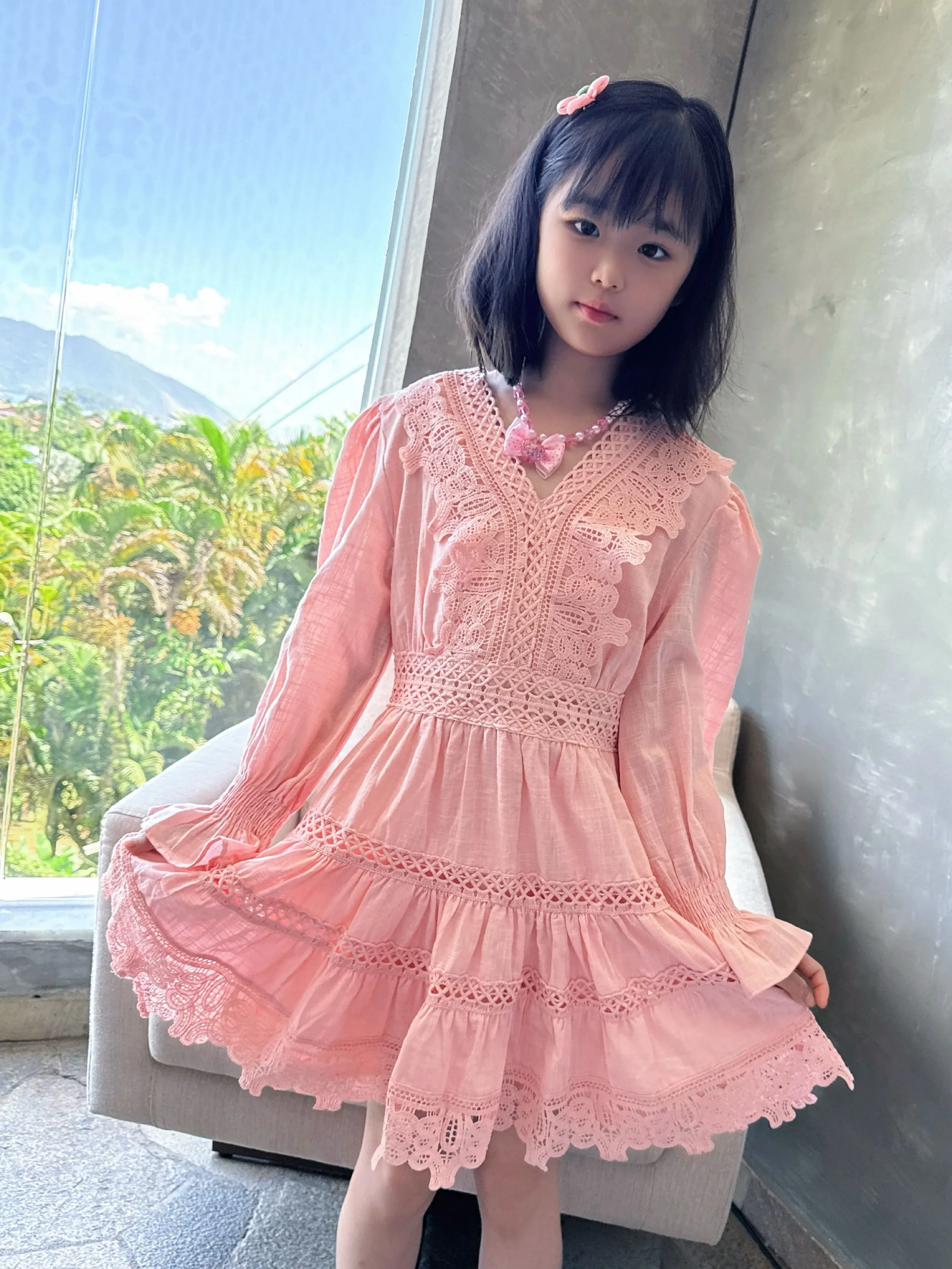 Fancy kids vestido renda manga longa