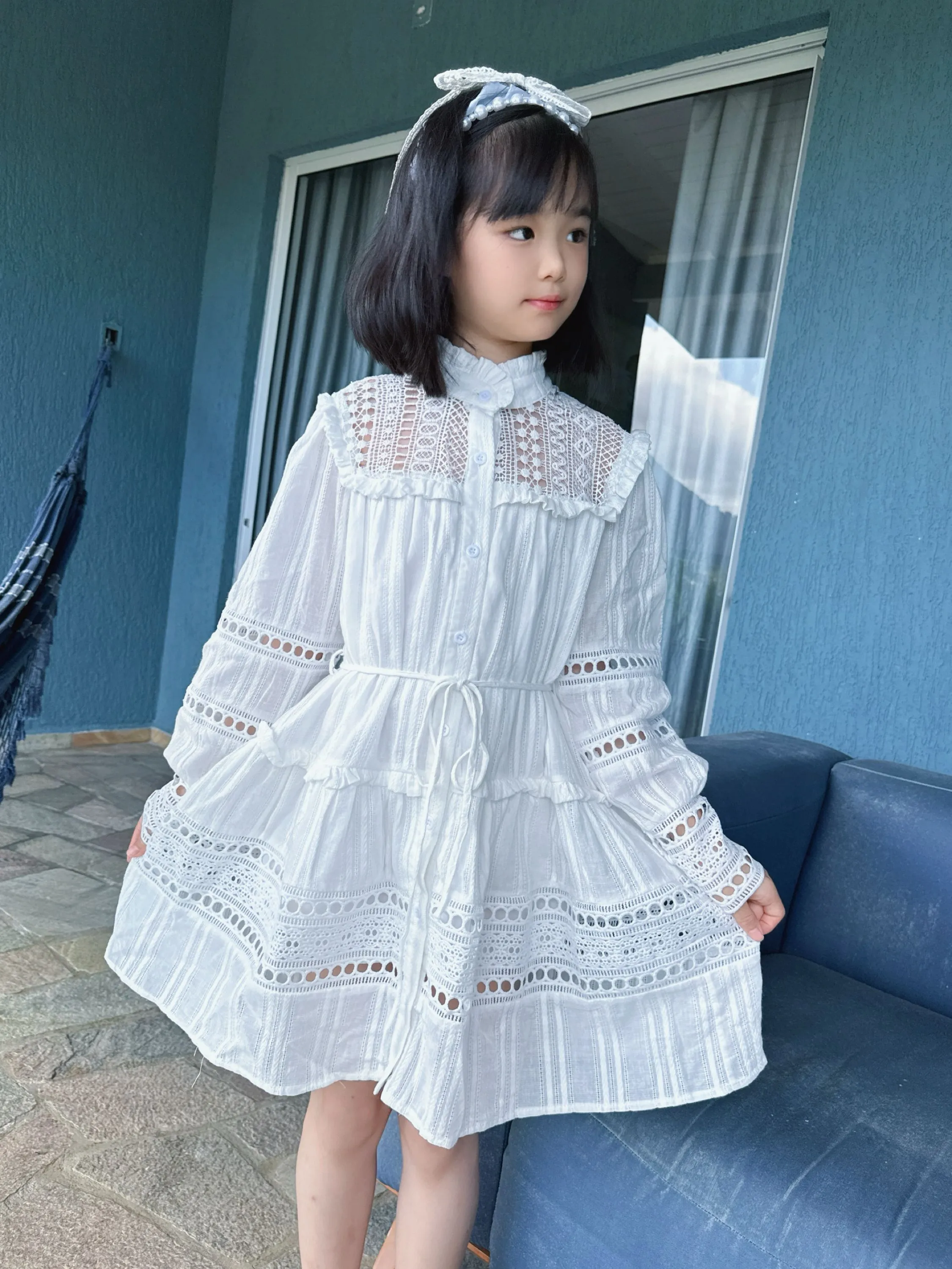 Fancy kids vestido renda manga longa