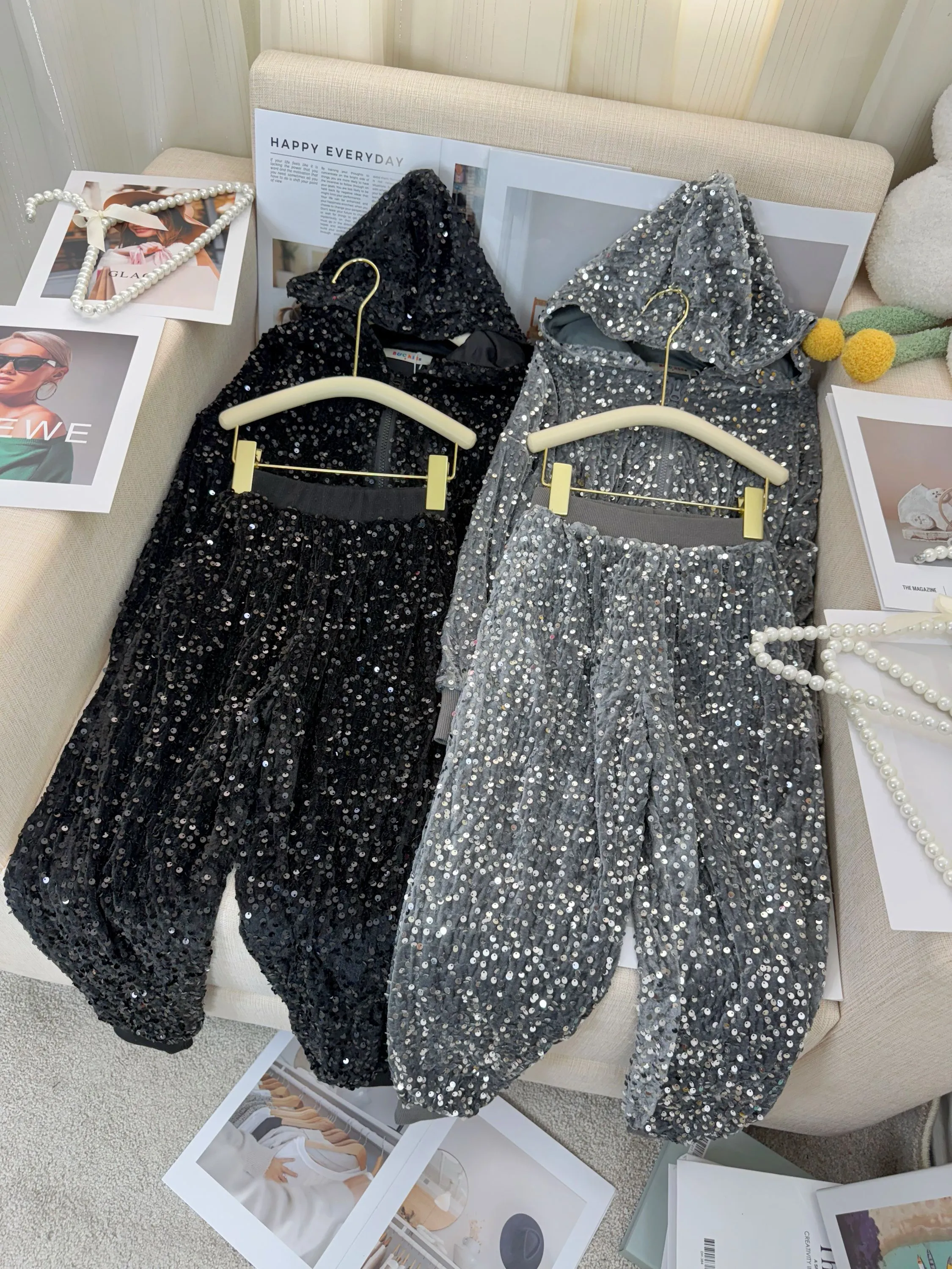 Fancy kids conjunto jaqueta com calça paetê